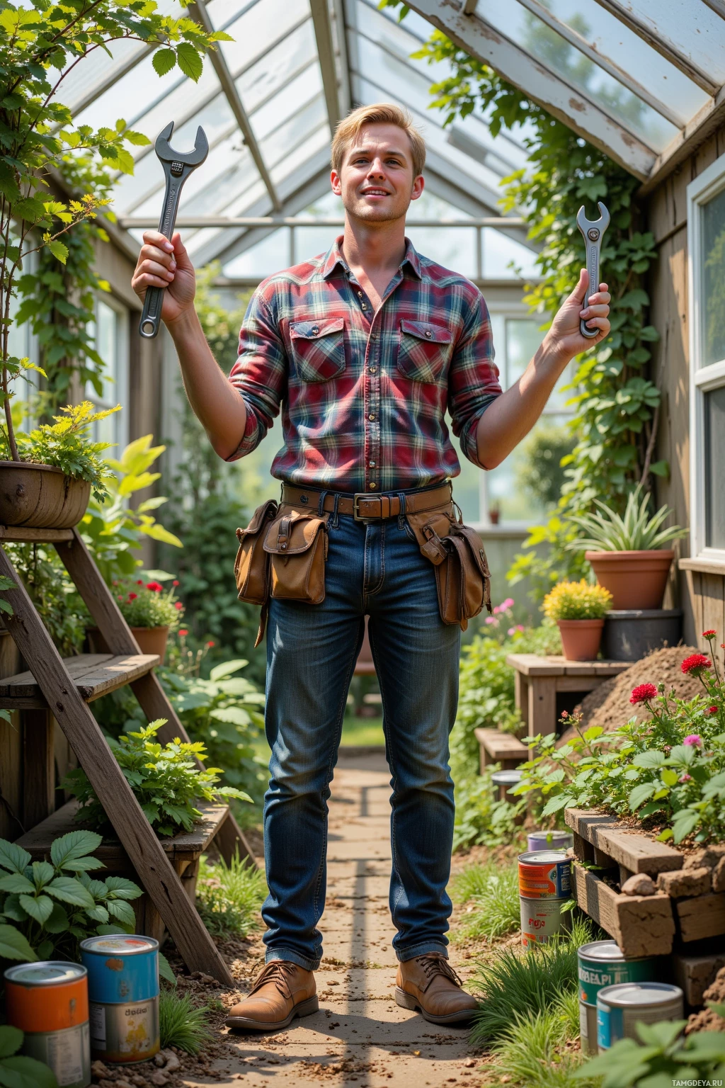 A person stands in a greenhouse holding a wrench, surrounded by plants and gardening supplies.