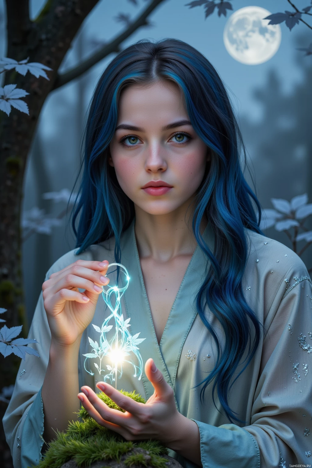 A woman with blue hair holds a glowing, intricate plant-like object in a serene forest setting.