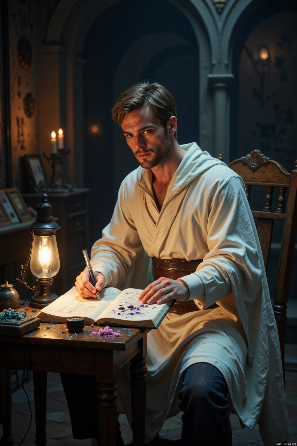 A man in a white robe sits at a desk, writing in a book with a quill pen.
