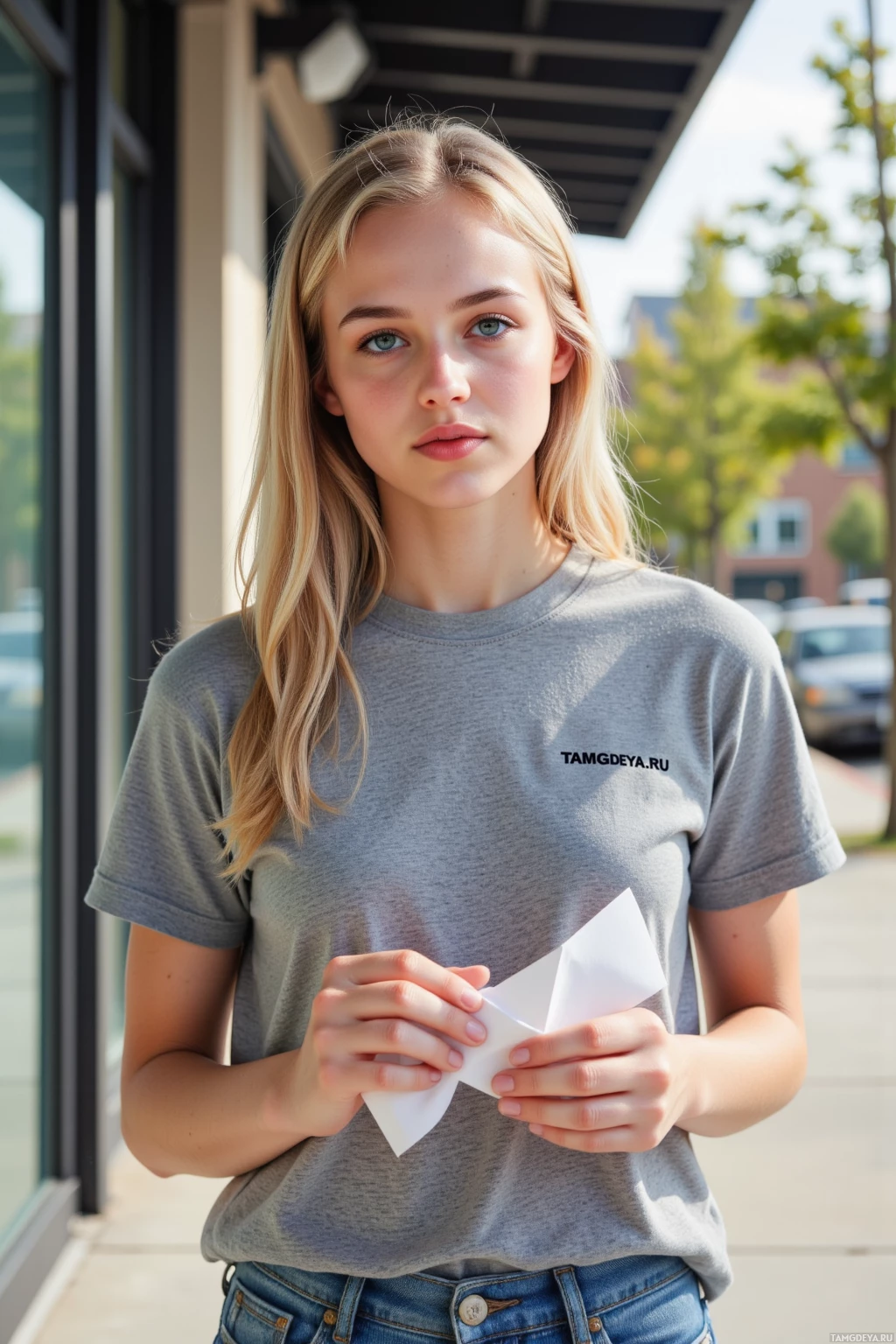 A person wearing a gray t-shirt and jeans holds a folded piece of paper.