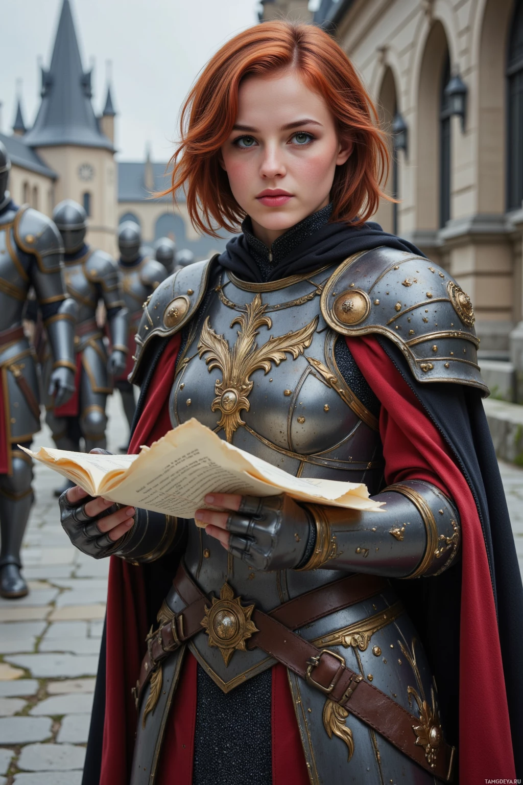 A woman in ornate armor holds an open book, with soldiers and a castle in the background.