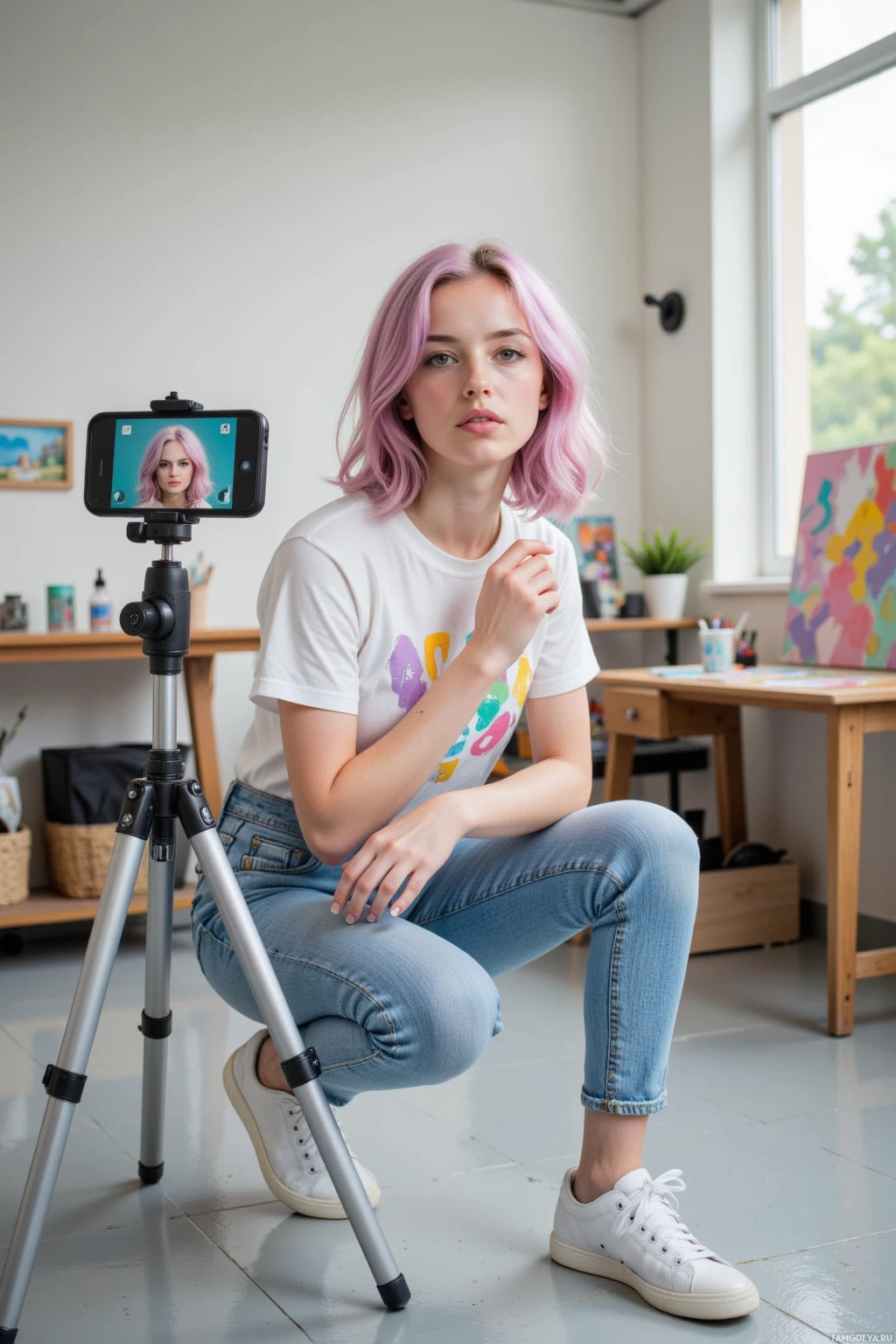 A person with pink hair sits on a stool in a room, with a smartphone on a tripod in front of them.