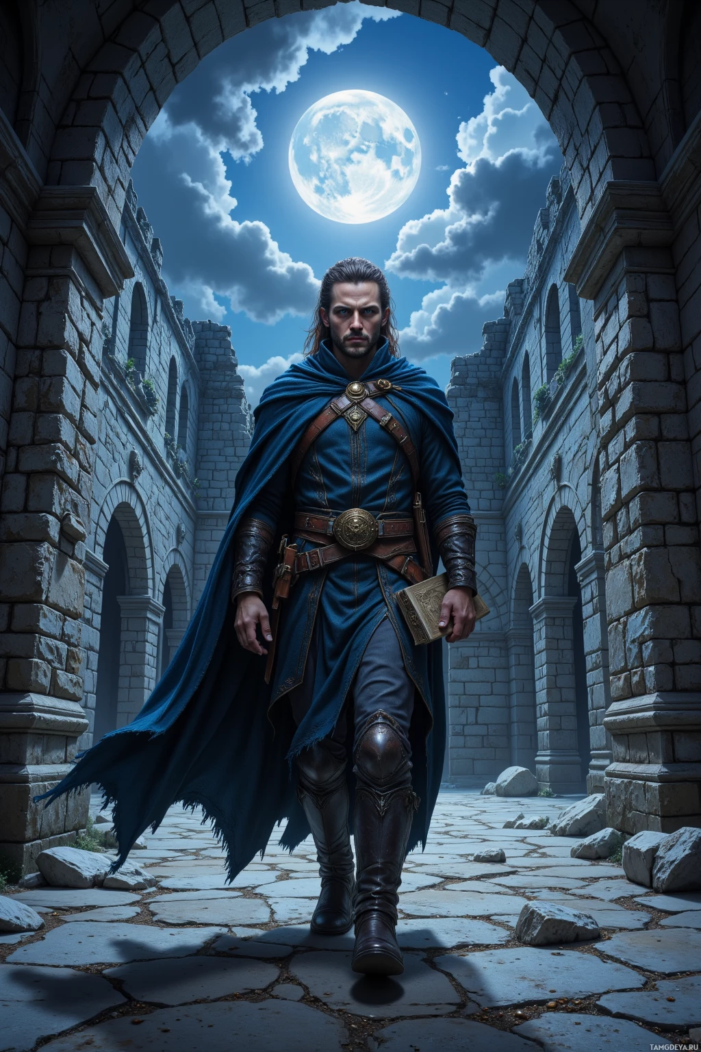 A man in a blue robe and leather armor walks through a stone archway under a full moon.