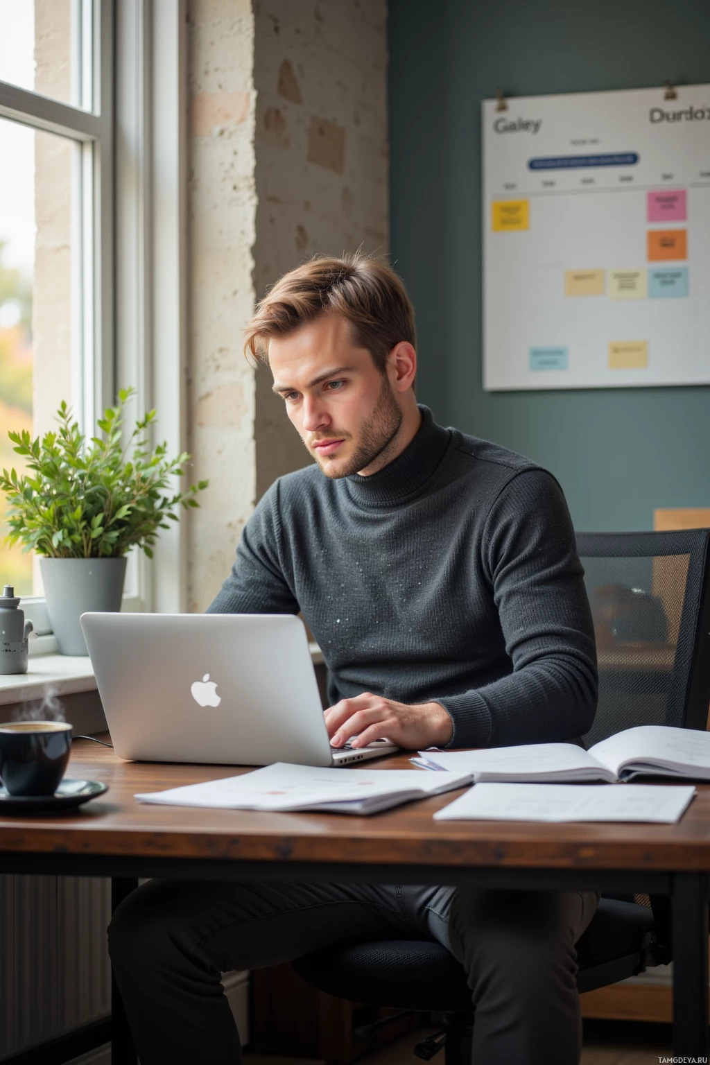 A man is working at a desk with a laptop, surrounded by papers and a potted plant.