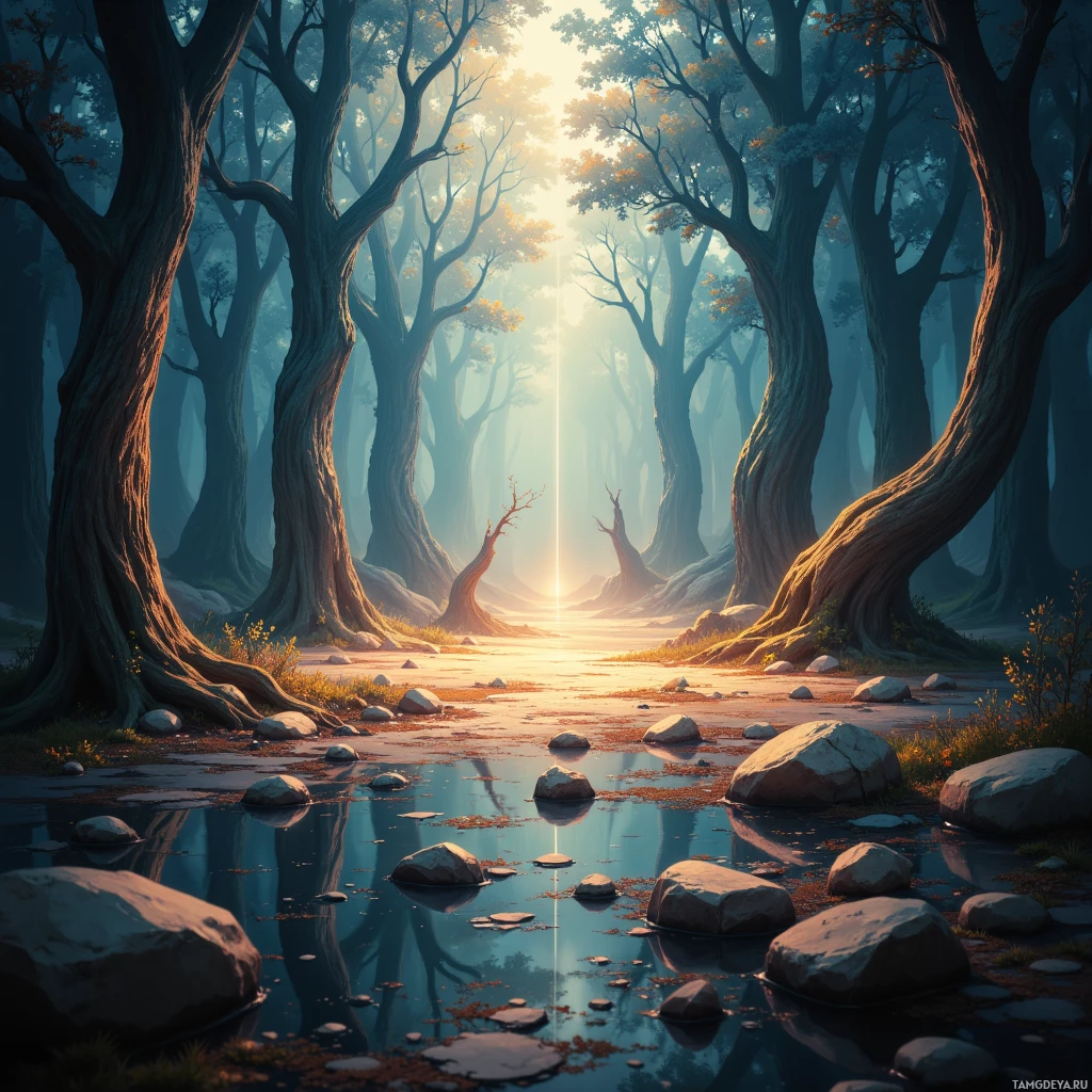 A serene forest scene with tall trees, a reflective pond, and a glowing light source in the distance.