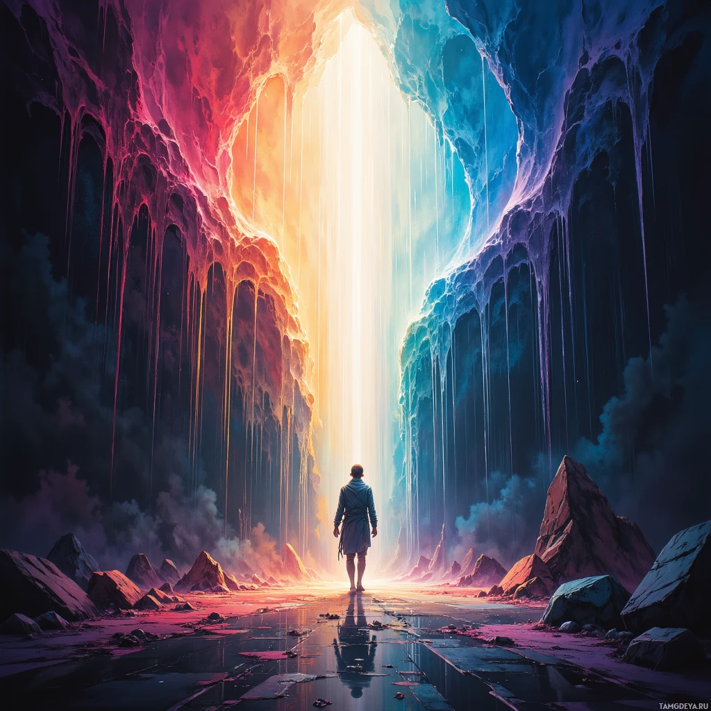 A lone figure stands at the entrance of a vibrant, ethereal cave with a bright light shining through.