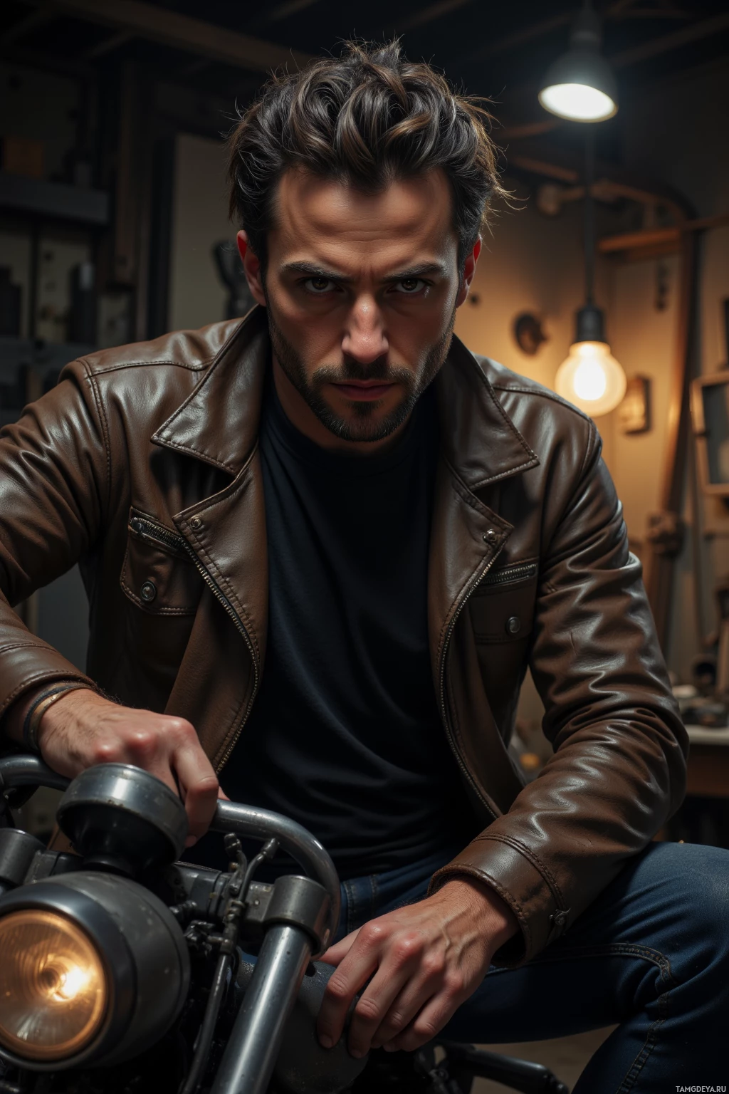 A man in a leather jacket sits on a motorcycle in a dimly lit garage.