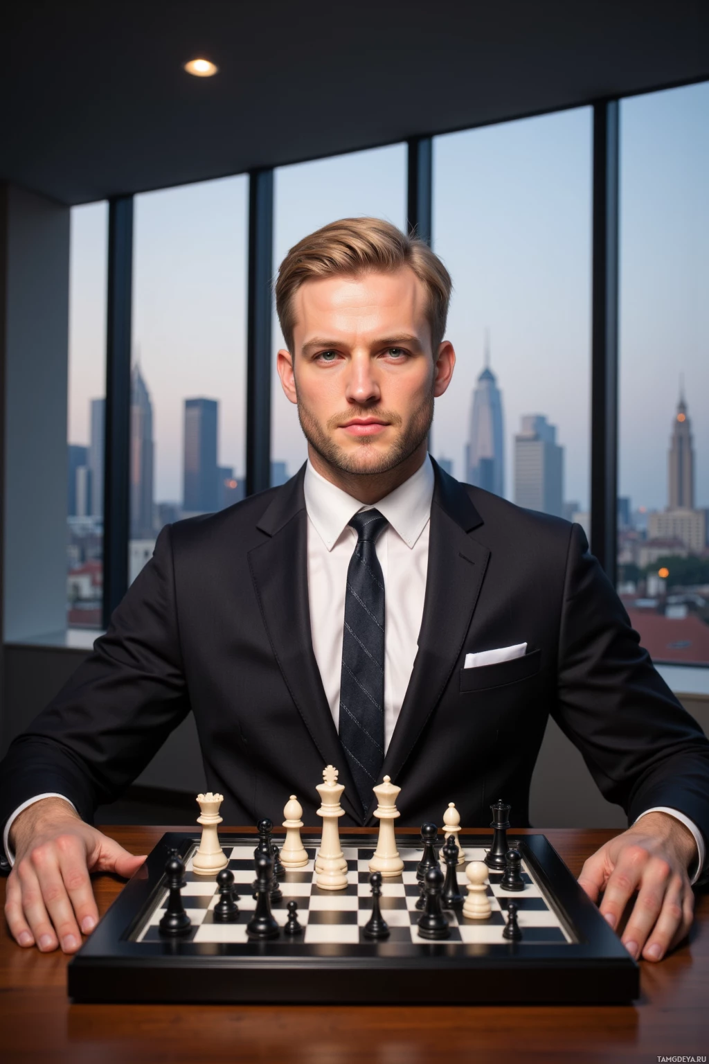 A man in a suit sits at a chessboard in front of a cityscape.