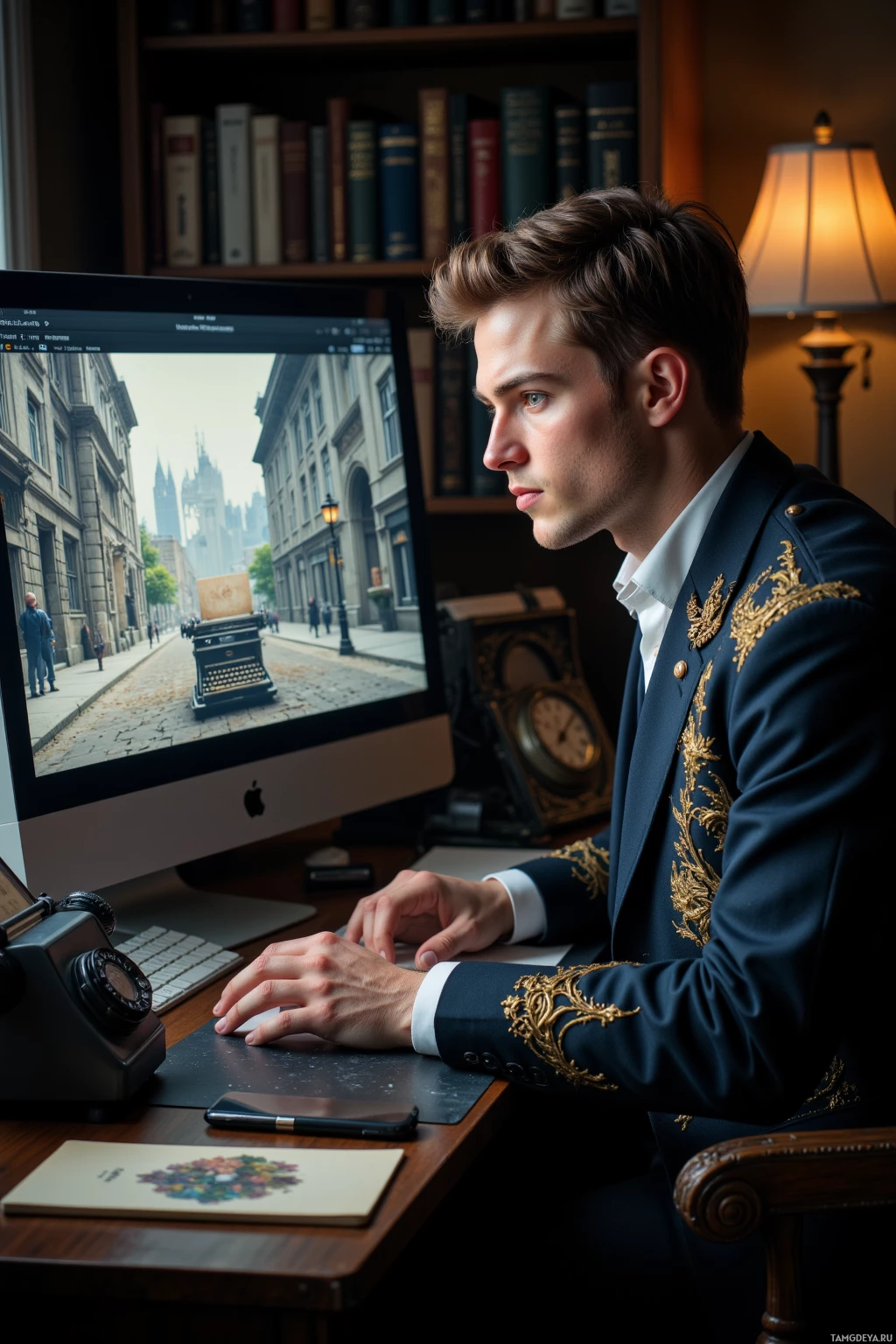 A man in a formal suit sits at a desk, working on a computer with a vintage cityscape displayed on the screen.