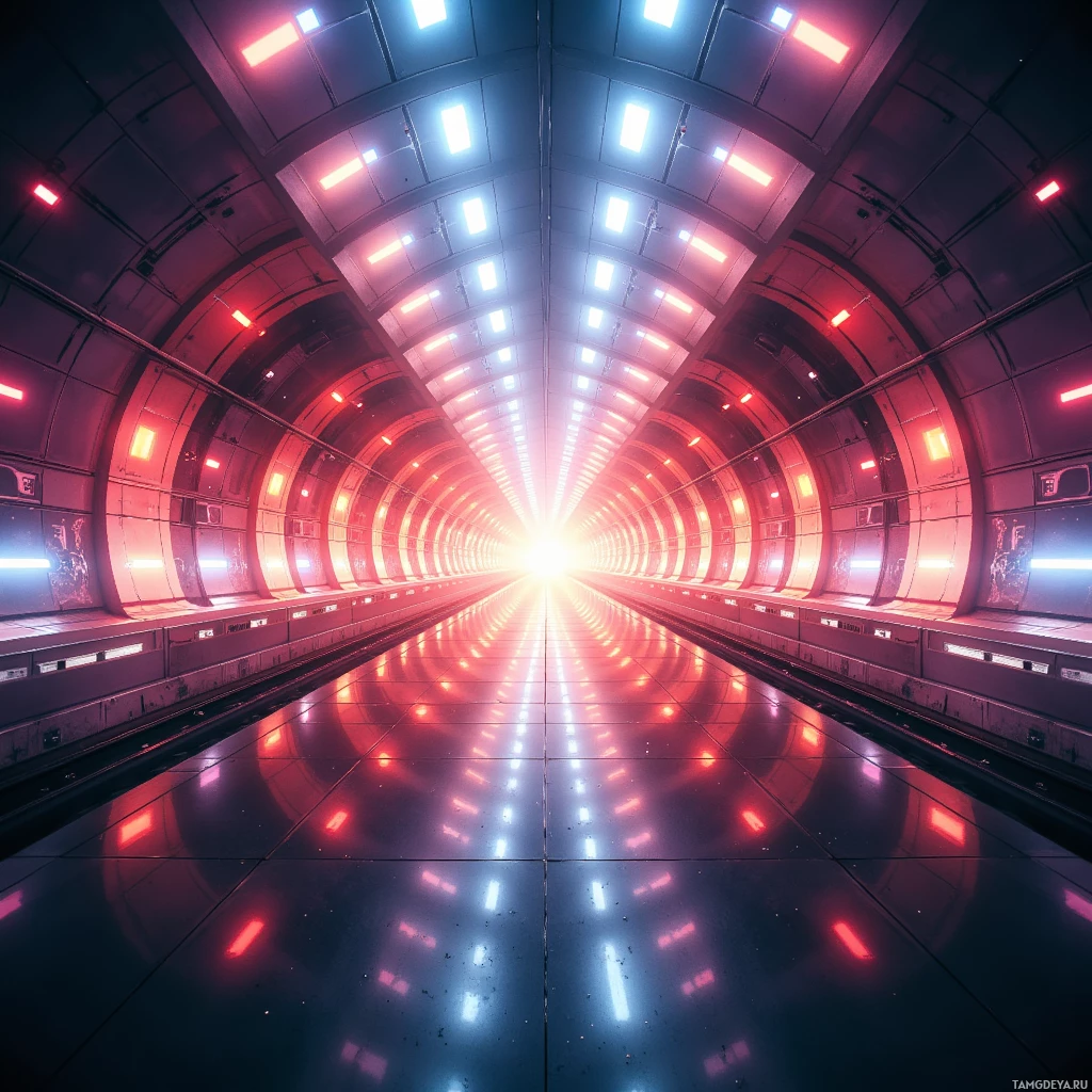 A futuristic tunnel with glowing red and blue lights leading to a bright light at the end.