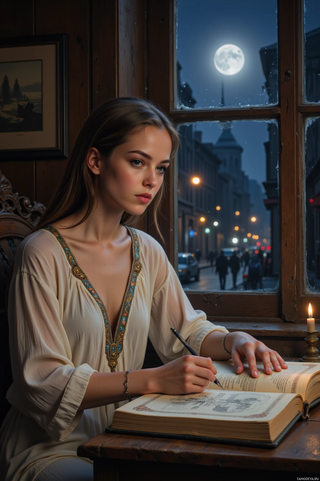 A woman sits at a desk by a window, writing in a book under the glow of a candle.