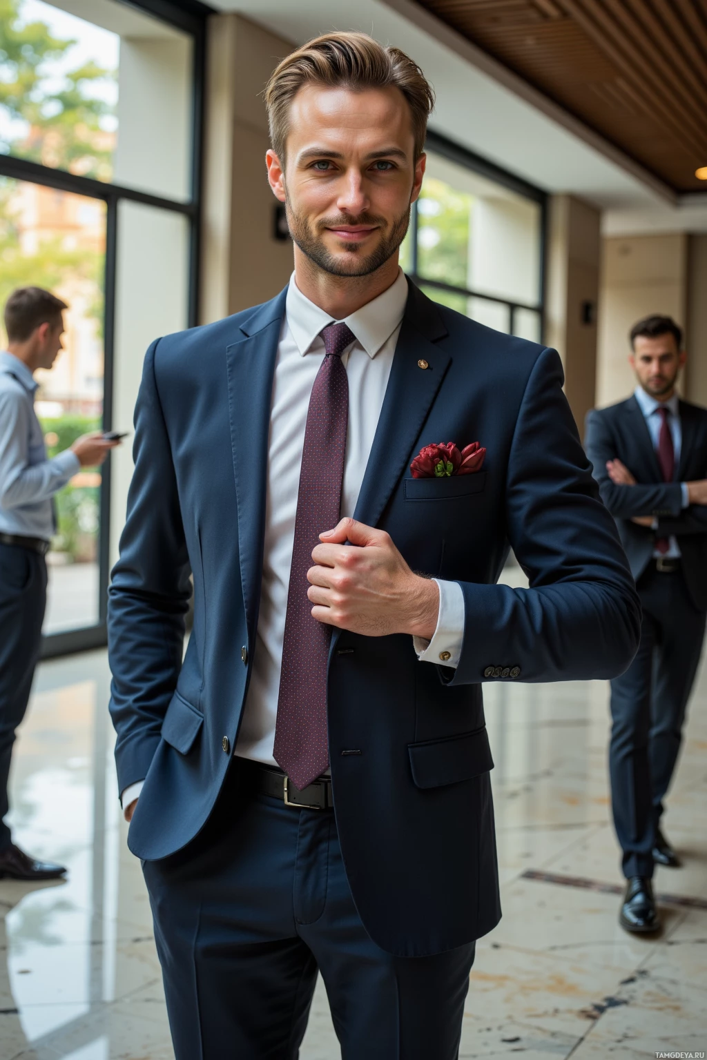 A man in a navy blue suit with a red flower in his pocket stands in a well-lit indoor setting.