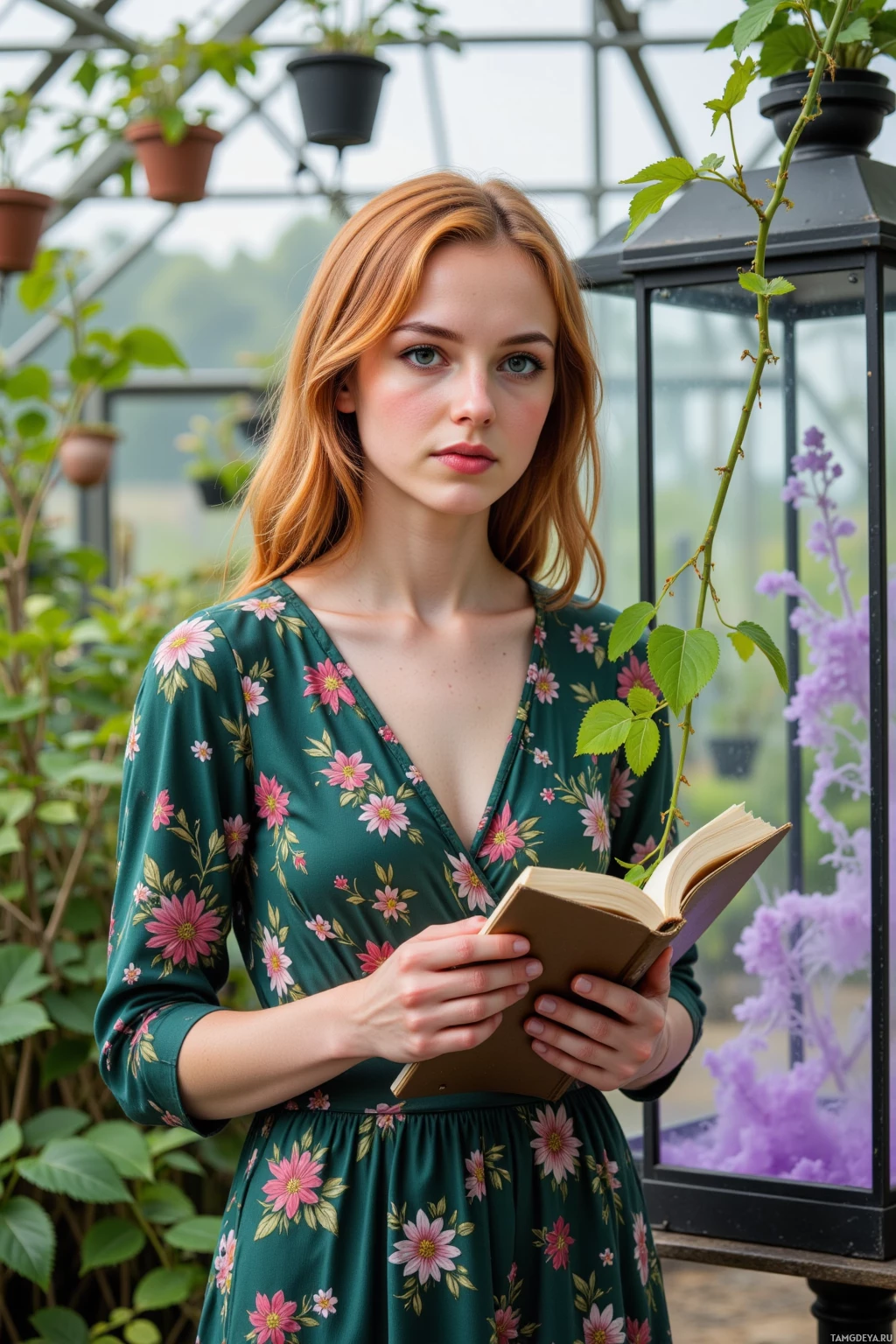 A woman in a floral dress holds an open book in a greenhouse setting.