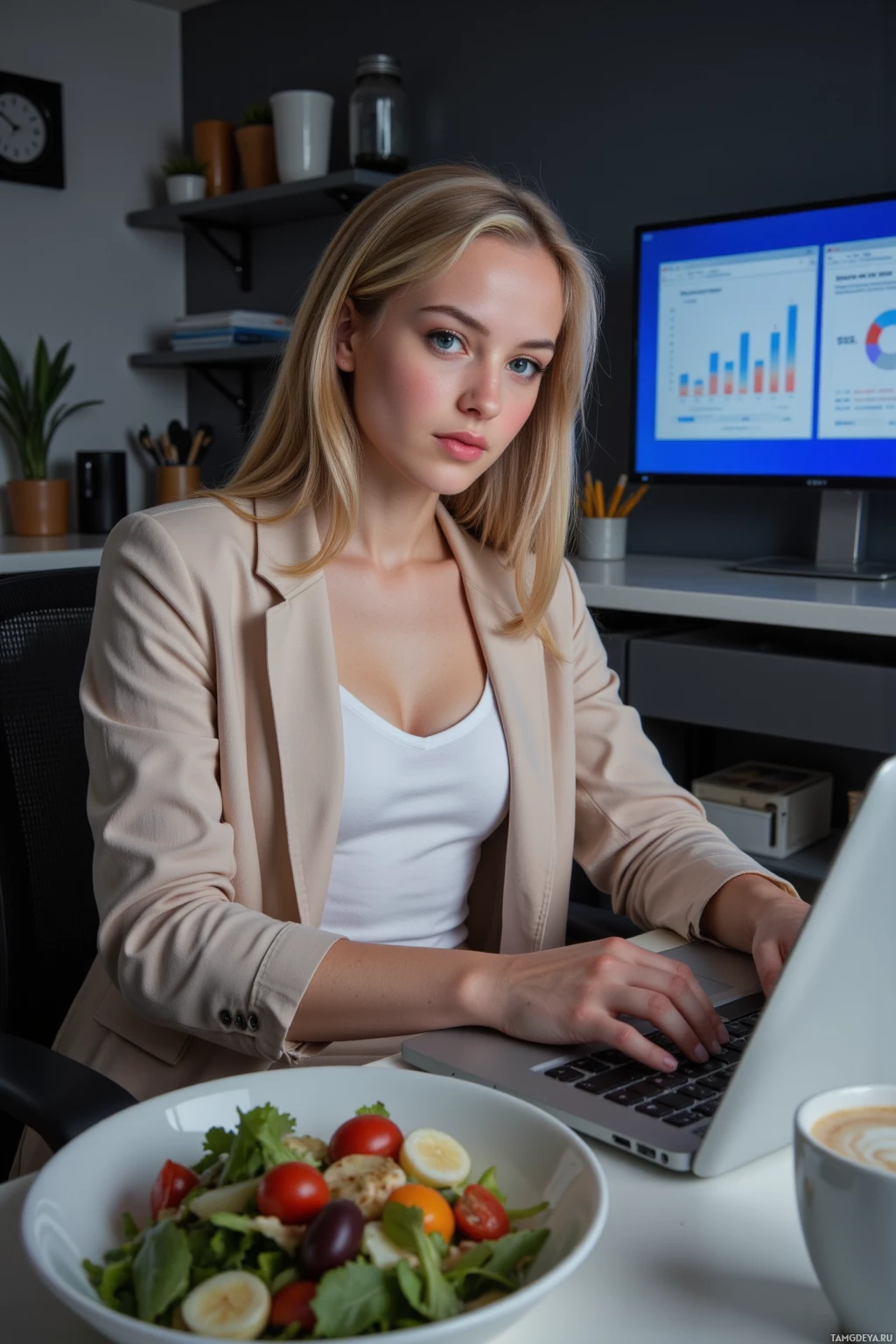 A woman in a professional setting works on a laptop with a bowl of salad and a cup of coffee nearby.