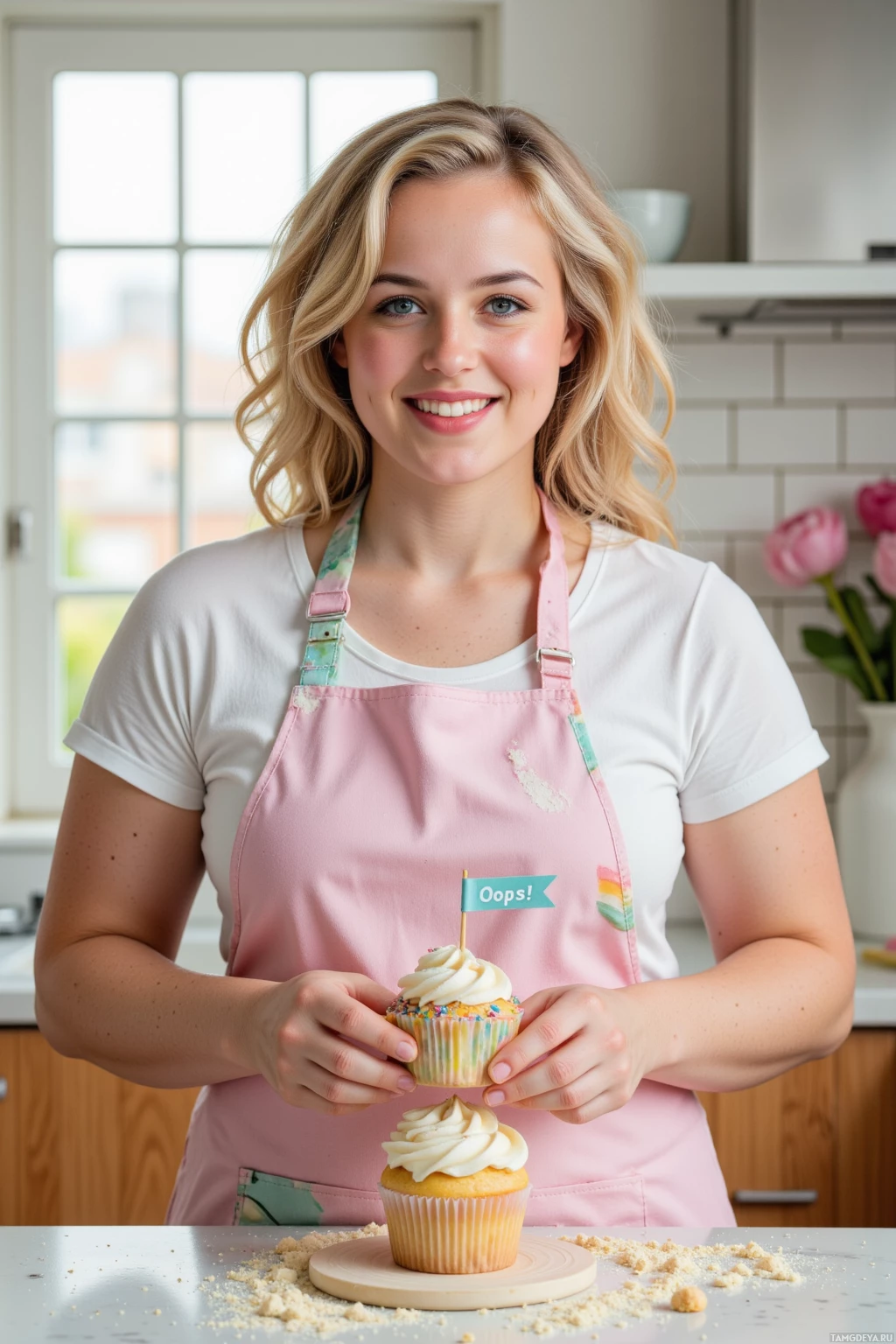 A person in a kitchen holds a decorated cupcake with a "Oops!" flag.