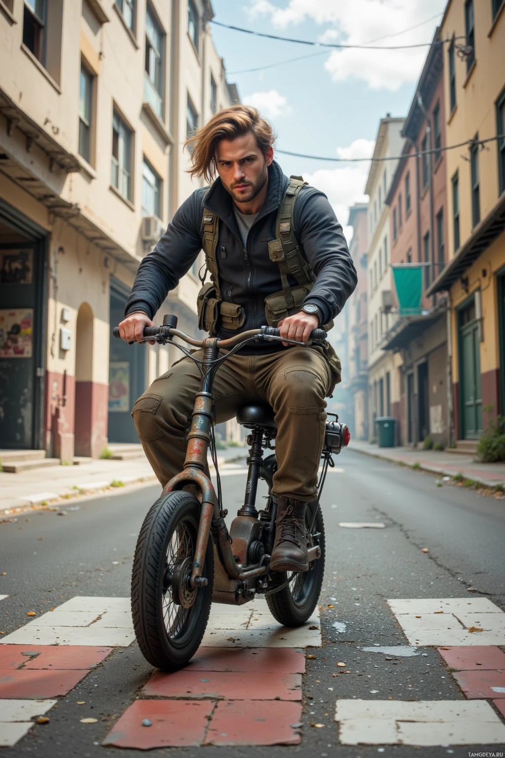 A man rides a vintage-style motorcycle down a city street.