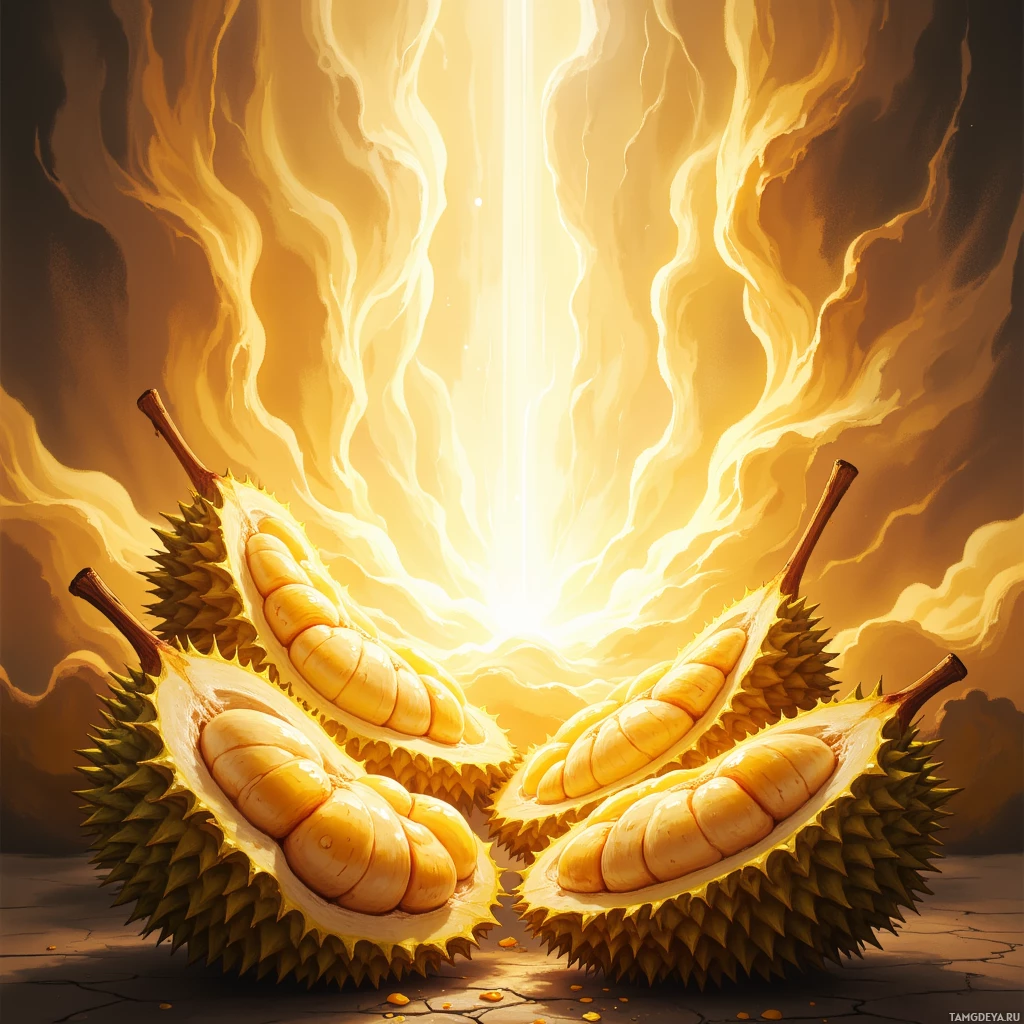 A radiant, glowing durian fruit with a dramatic, fiery background.