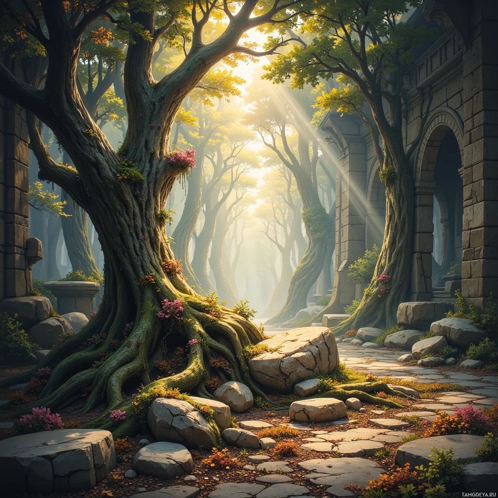 A serene forest scene with ancient stone arches and a path winding through lush greenery.