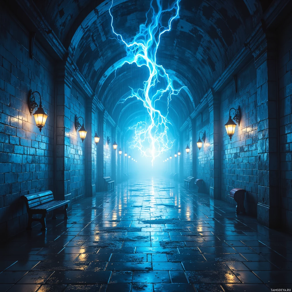 A dimly lit corridor with benches and wall-mounted lamps, leading to a bright, electric-blue lightning bolt at the end.