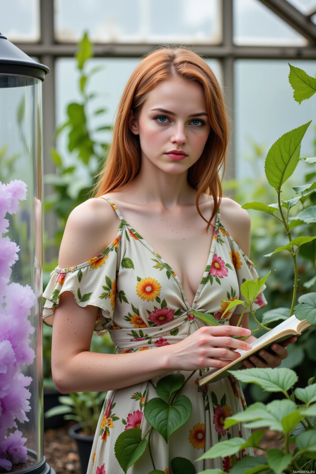 A woman in a floral dress holds an open book amidst greenery.