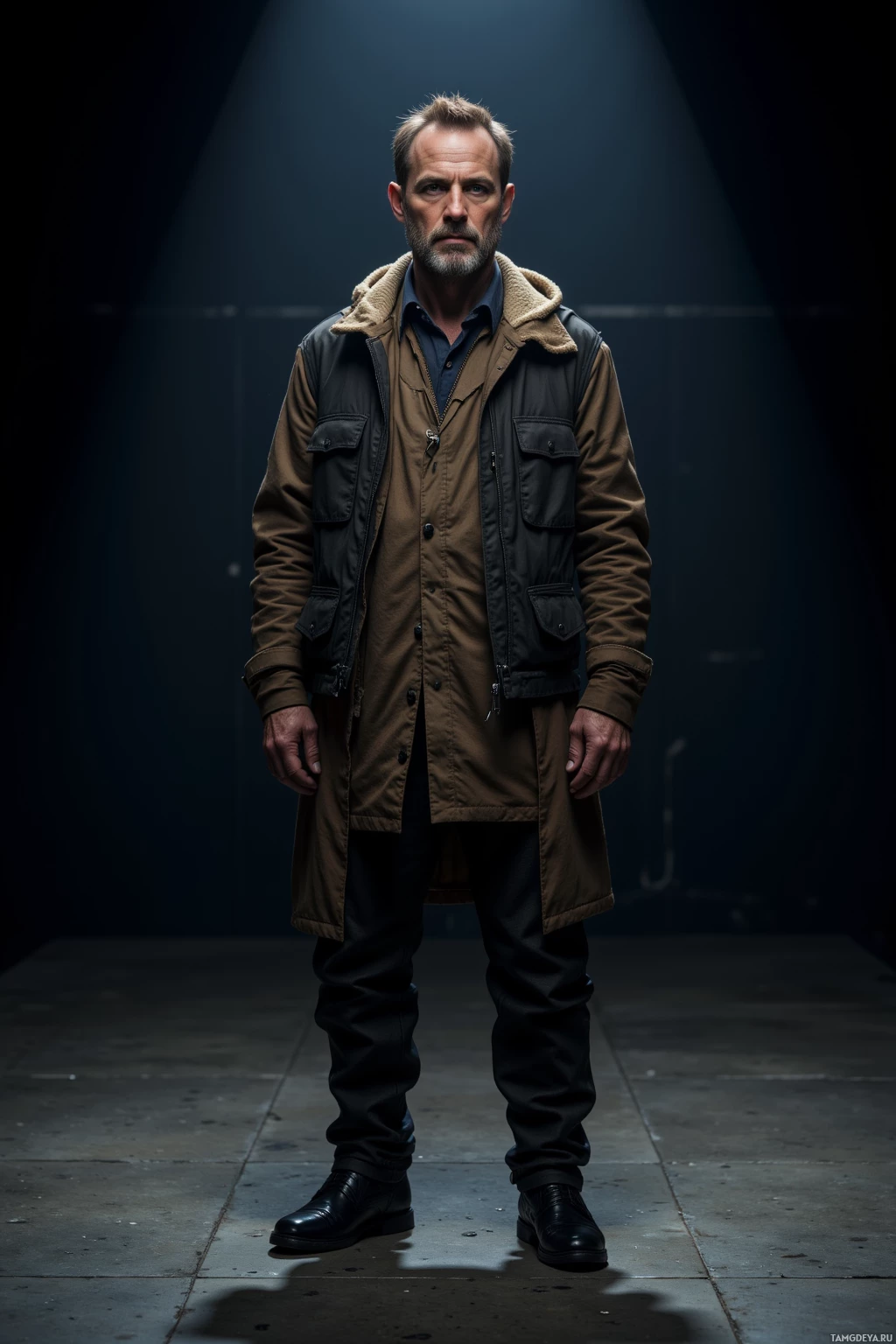 A man stands in a dimly lit room wearing a layered outfit with a jacket and trousers.