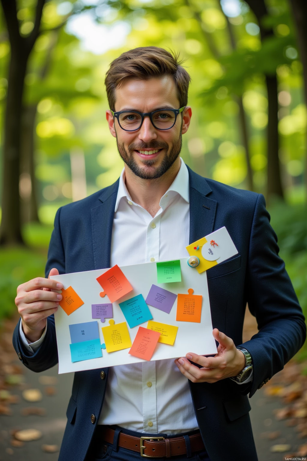 A man in a suit holds a white board with colorful sticky notes in a forest setting.