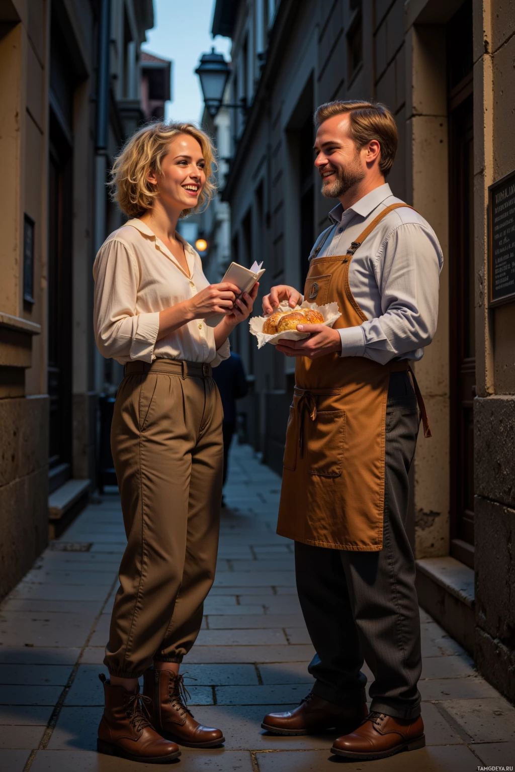 A man and a woman stand on a narrow street, the man holding a pastry and the woman holding a small booklet.