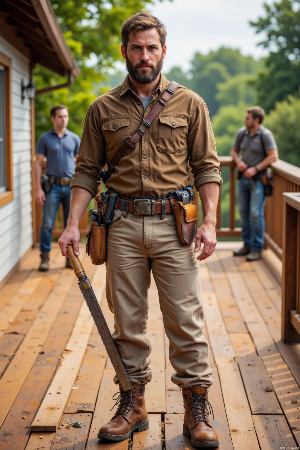 A man in a brown shirt and pants stands on a wooden deck, holding a tool, with two other individuals in the background.