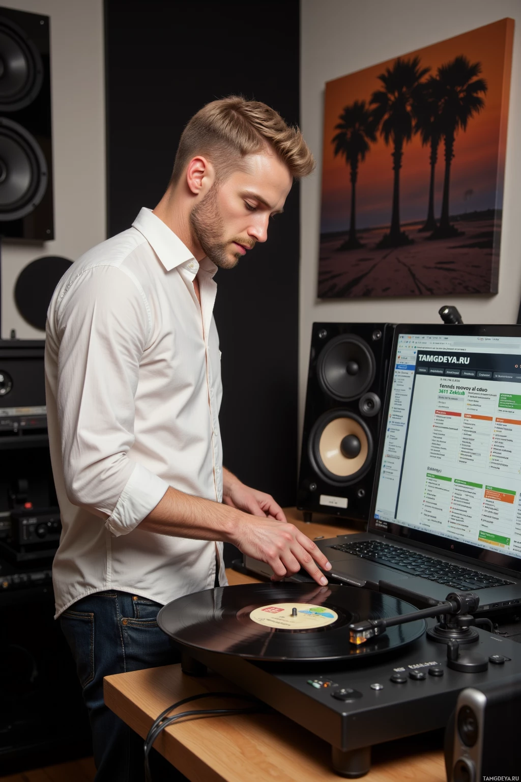 A man in a white shirt is adjusting a vinyl record on a turntable in a studio setting.
