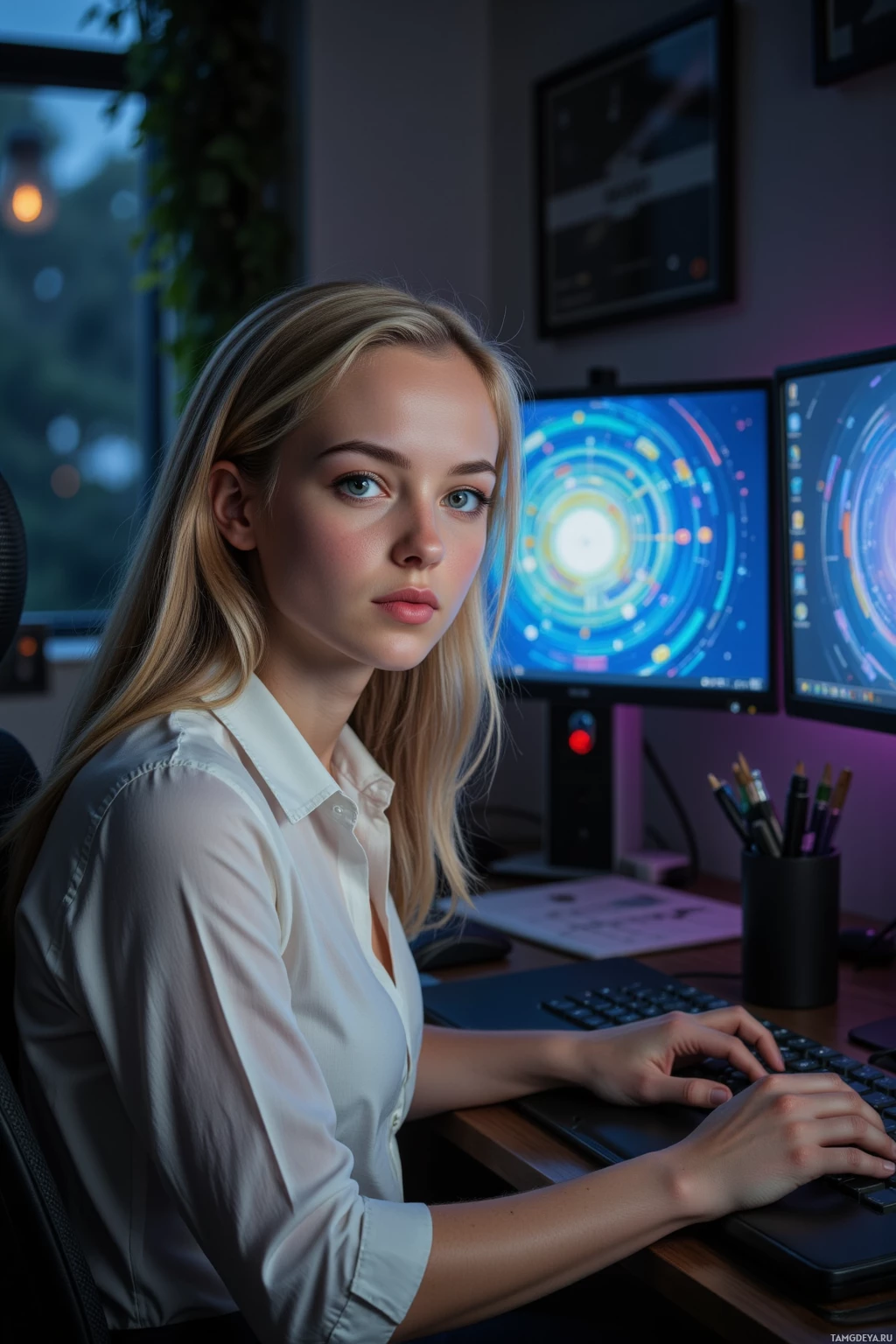 A person is seated at a desk working on a computer with multiple monitors displaying colorful graphics.