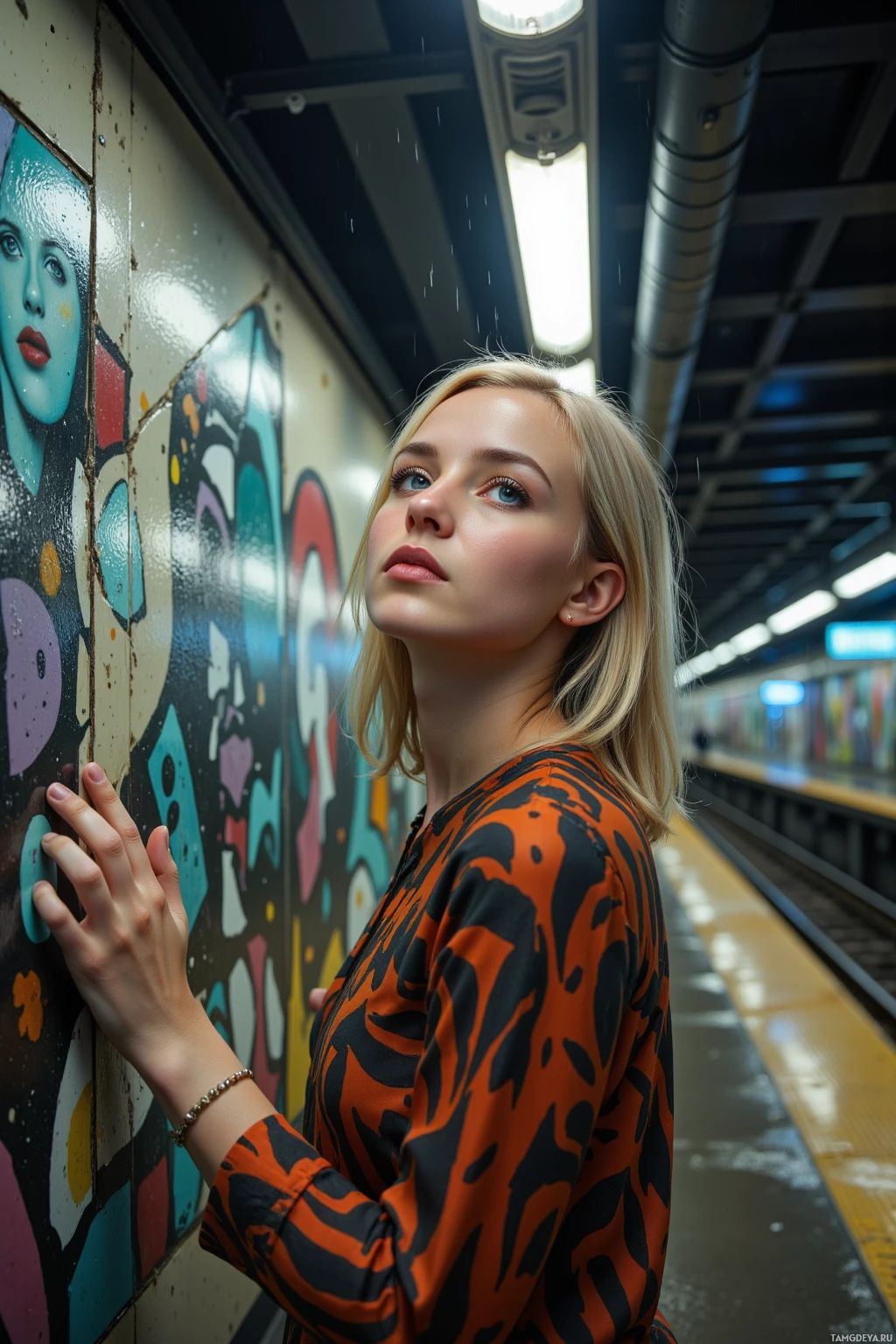 A woman stands on a subway platform, leaning against a wall with graffiti, wearing a patterned top.