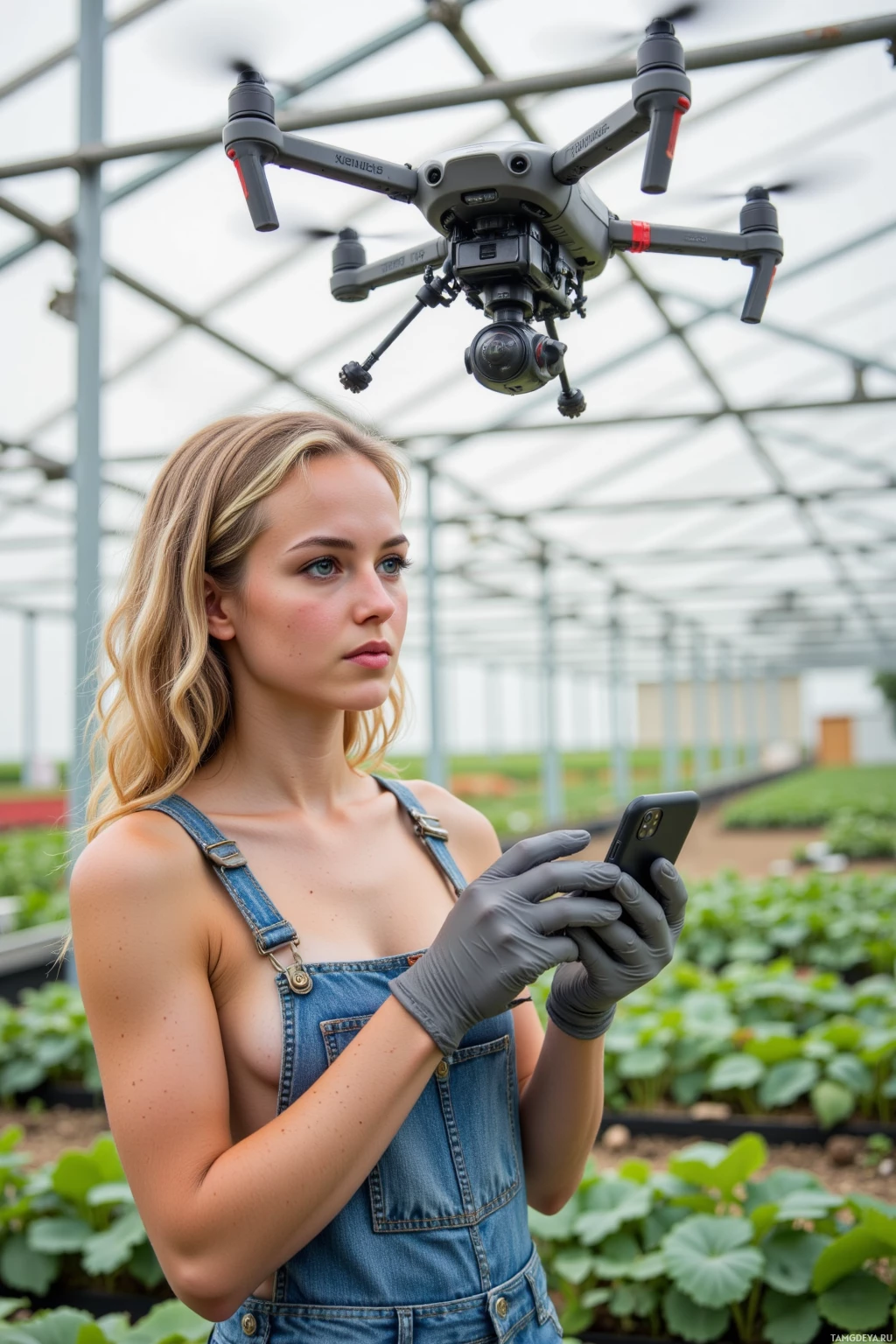 A person wearing gloves and overalls uses a smartphone while a drone hovers above in a greenhouse.
