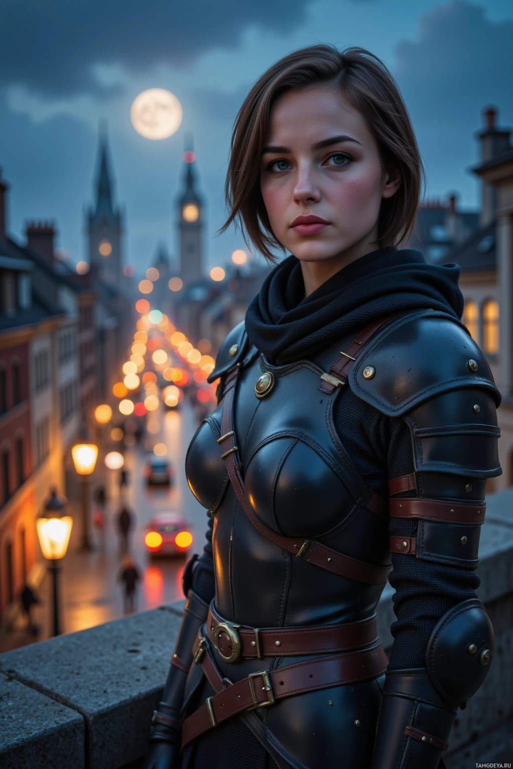A person in medieval-style armor stands on a bridge at dusk, with a cityscape and a full moon in the background.