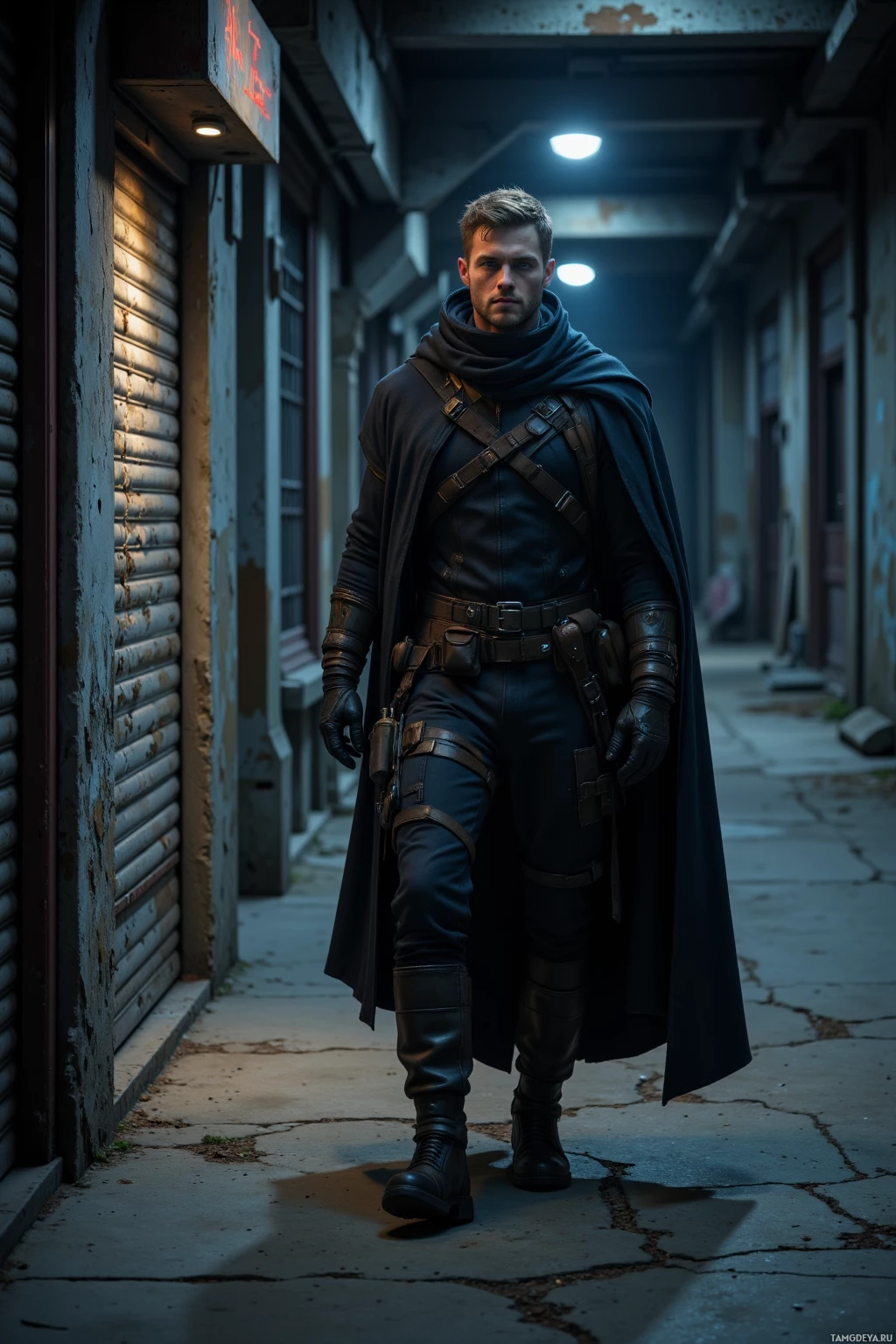 A person in a dark outfit with a cape stands in a dimly lit alleyway.