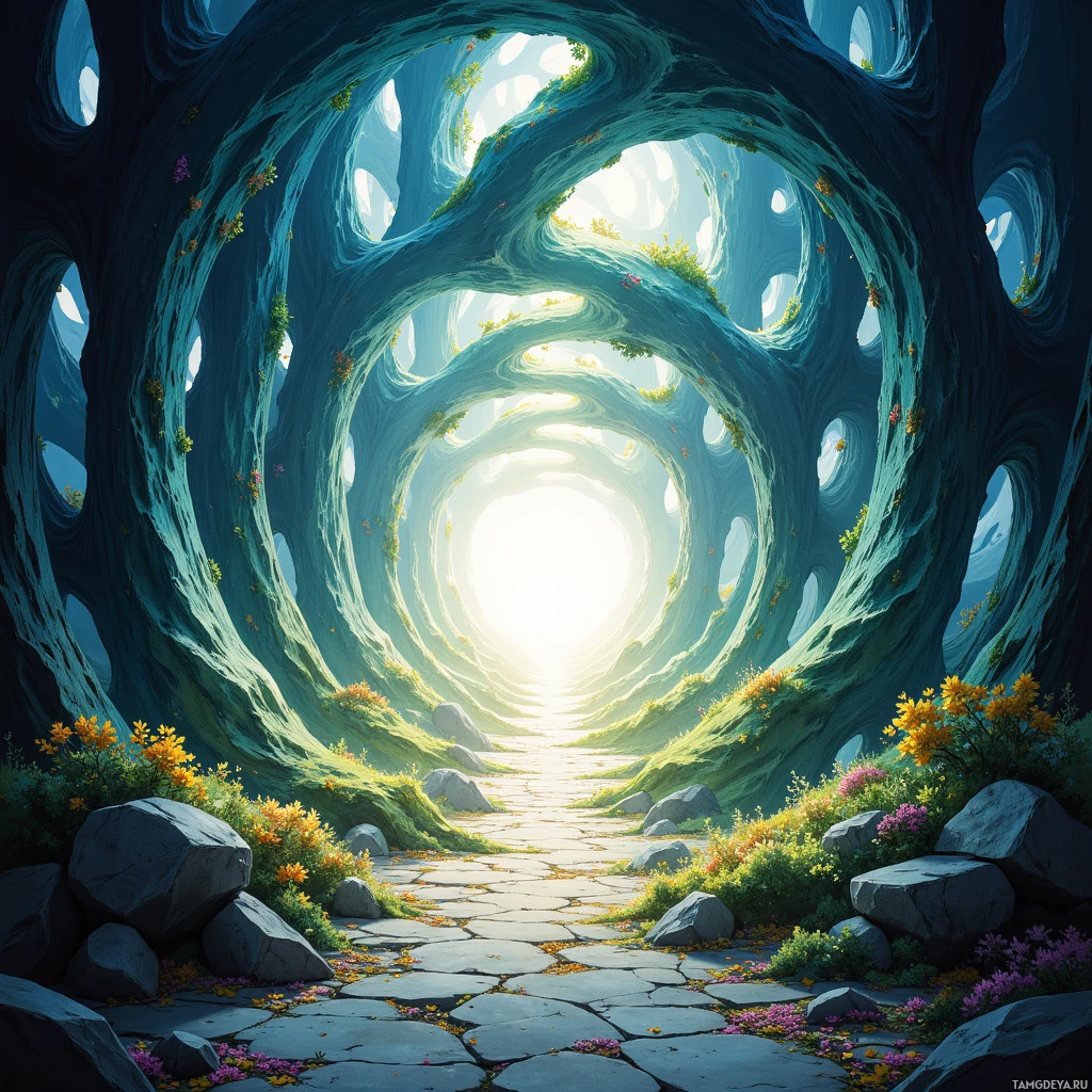 A serene, ethereal cave with a glowing light at the end of a stone path.