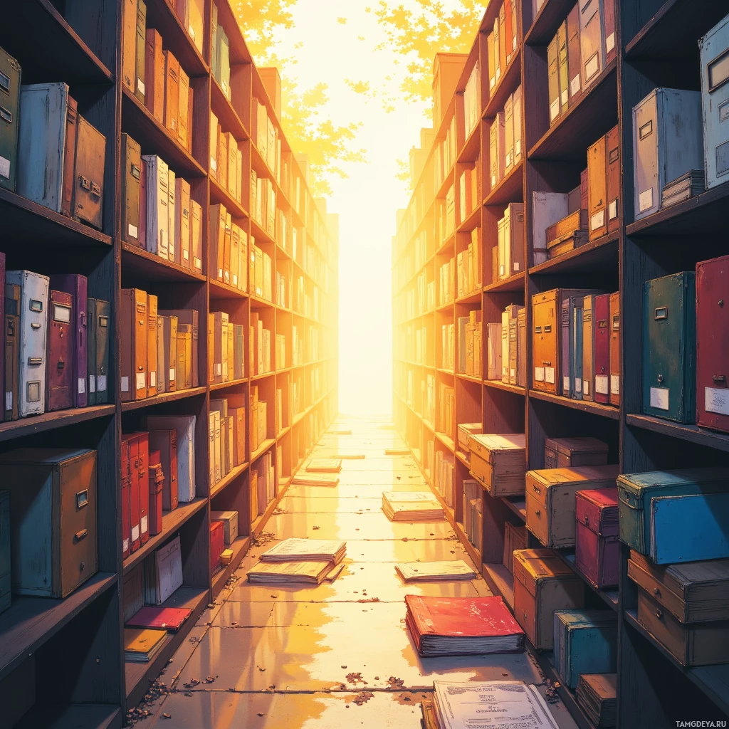 A sunlit aisle in a library with shelves filled with books and folders.