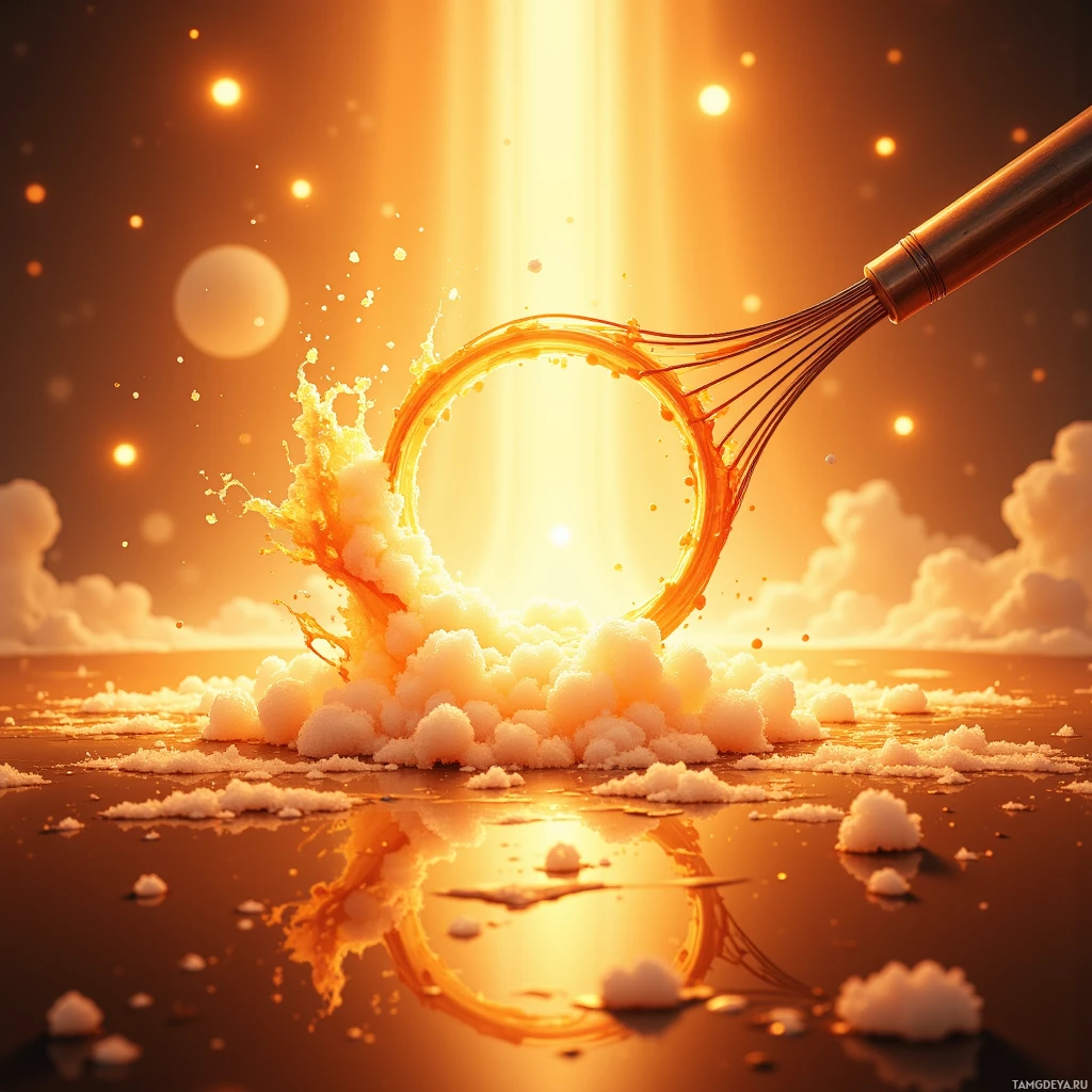 A whisk with a splash of golden liquid and white foam against a glowing, radiant background.
