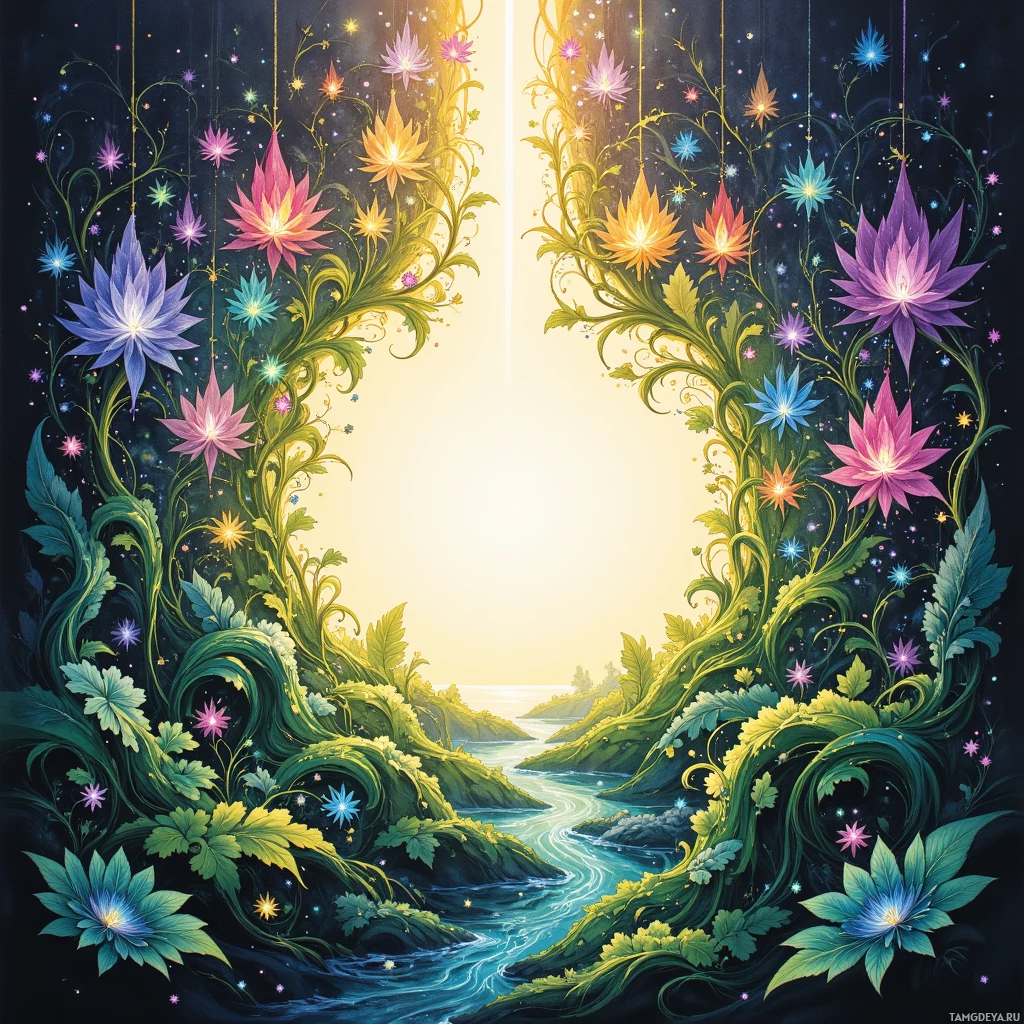 A vibrant, fantastical landscape featuring a river, glowing flowers, and a starry night sky.