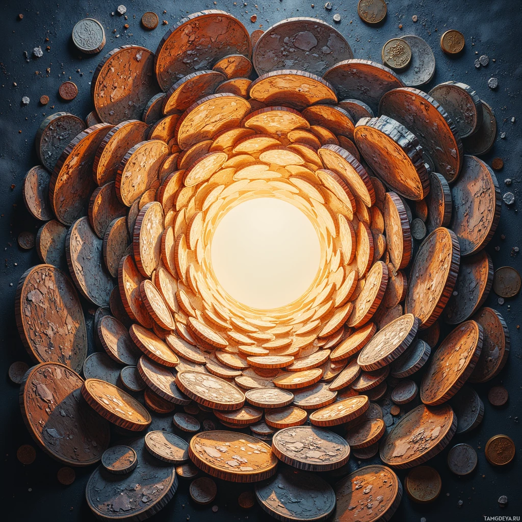 A circular arrangement of coins with a glowing center on a dark background.