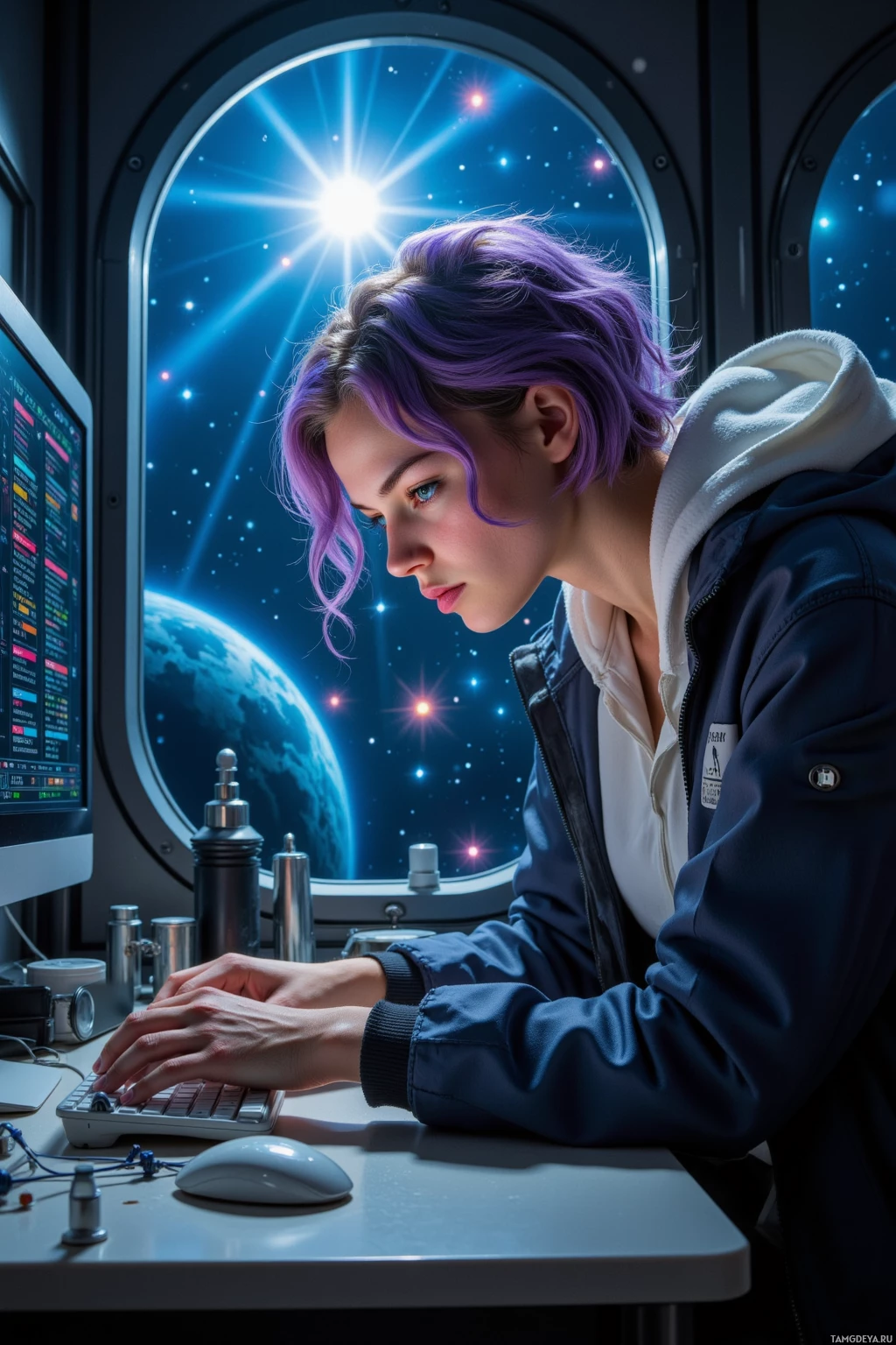 A person with purple hair works on a computer in a space-themed setting.