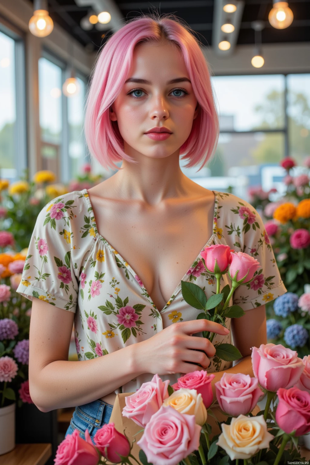 A person with pink hair holds a bouquet of pink roses in a floral shop.