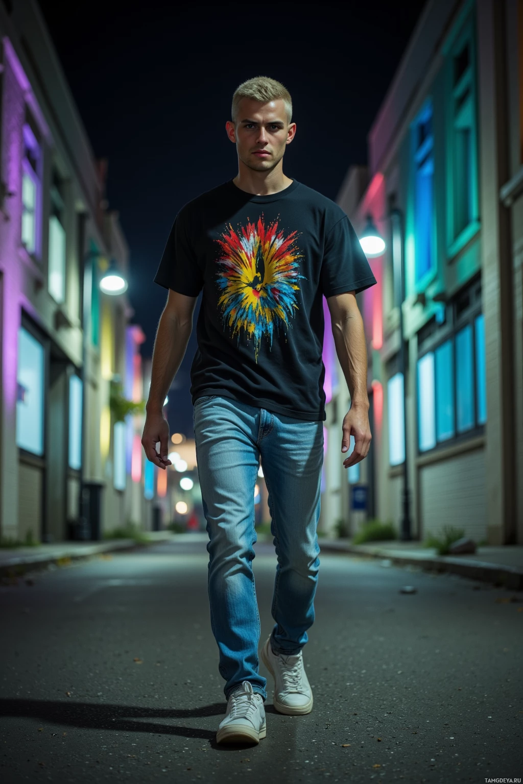 A person walks down a street at night, wearing a black t-shirt with a colorful design and jeans.