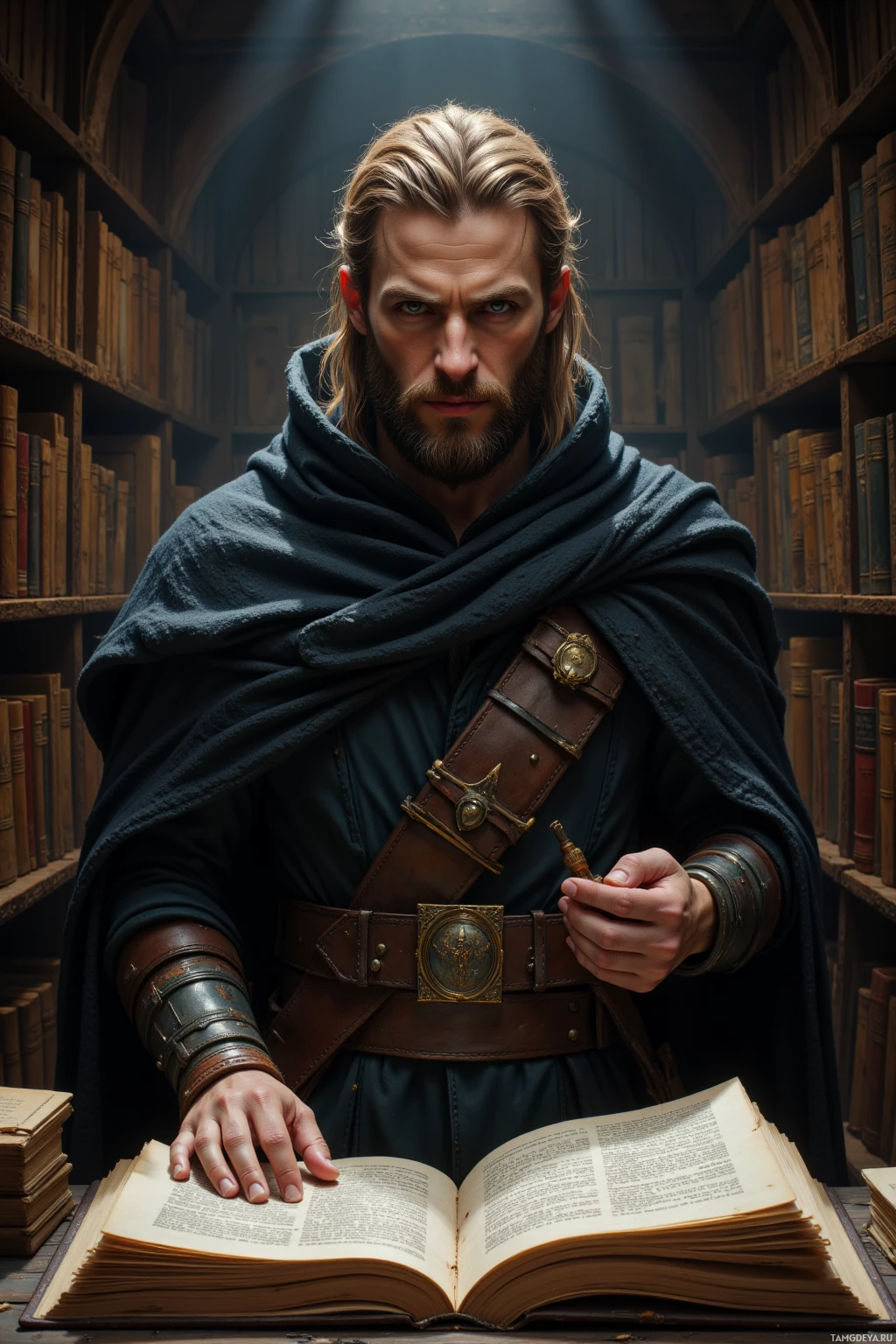 A man in a medieval-style outfit stands in a library, holding an open book.