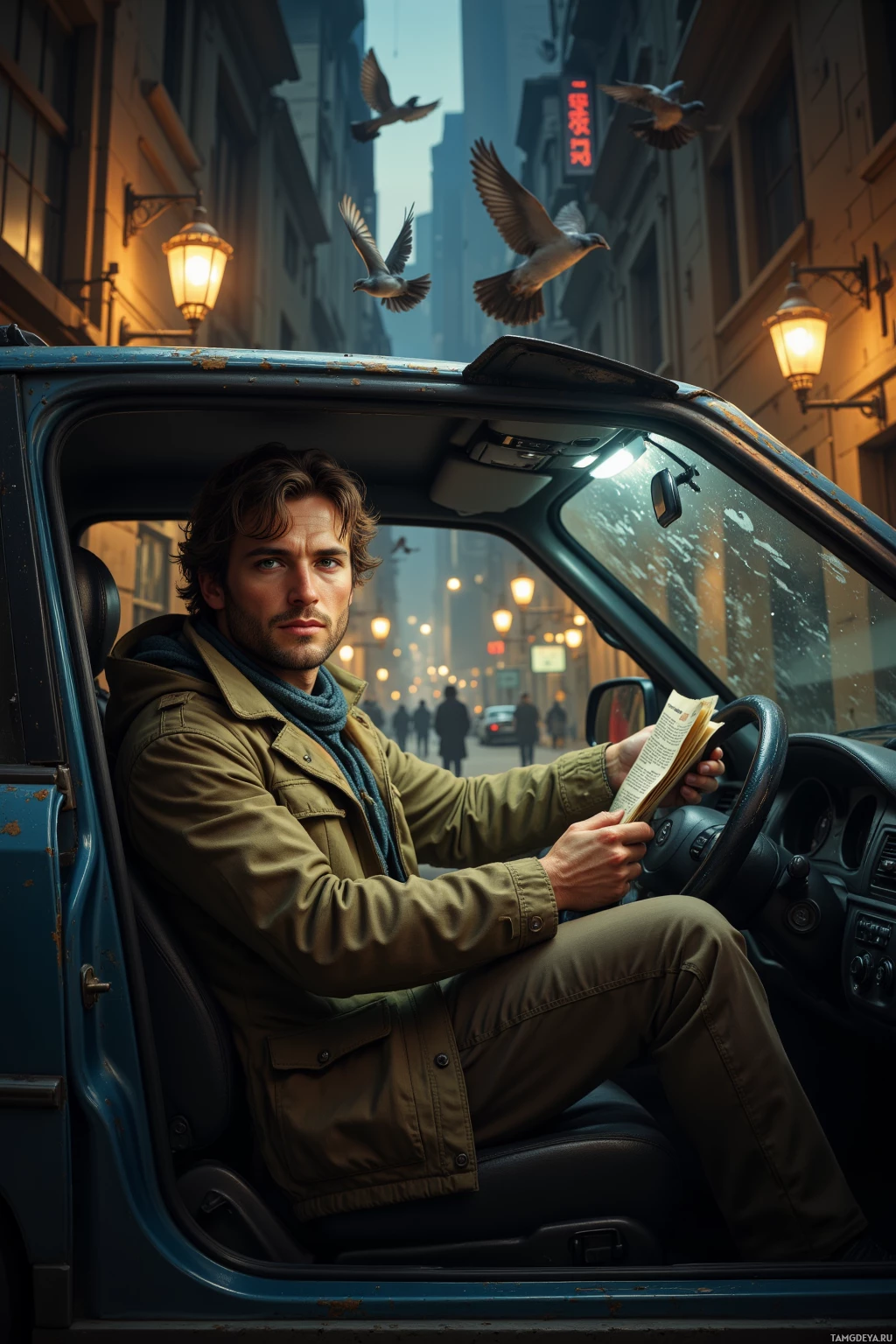 A man sits in a vehicle, reading a book, with pigeons flying above and a cityscape in the background.