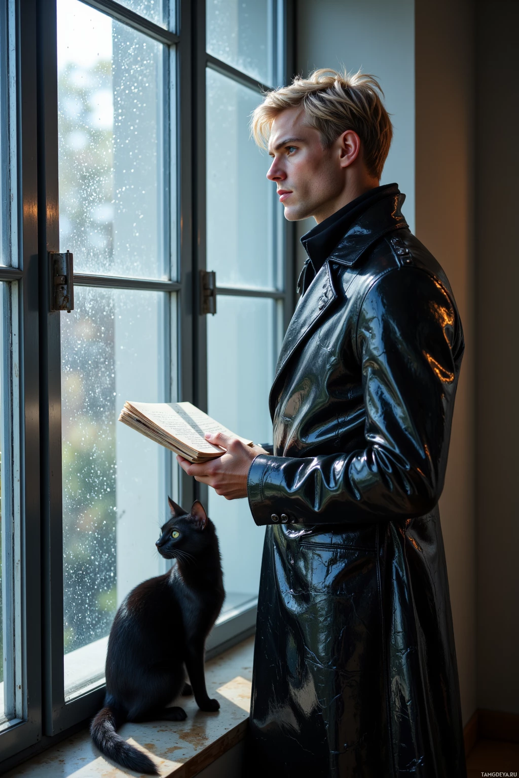 A man in a black coat stands by a window, holding a book, with a black cat sitting on the windowsill.