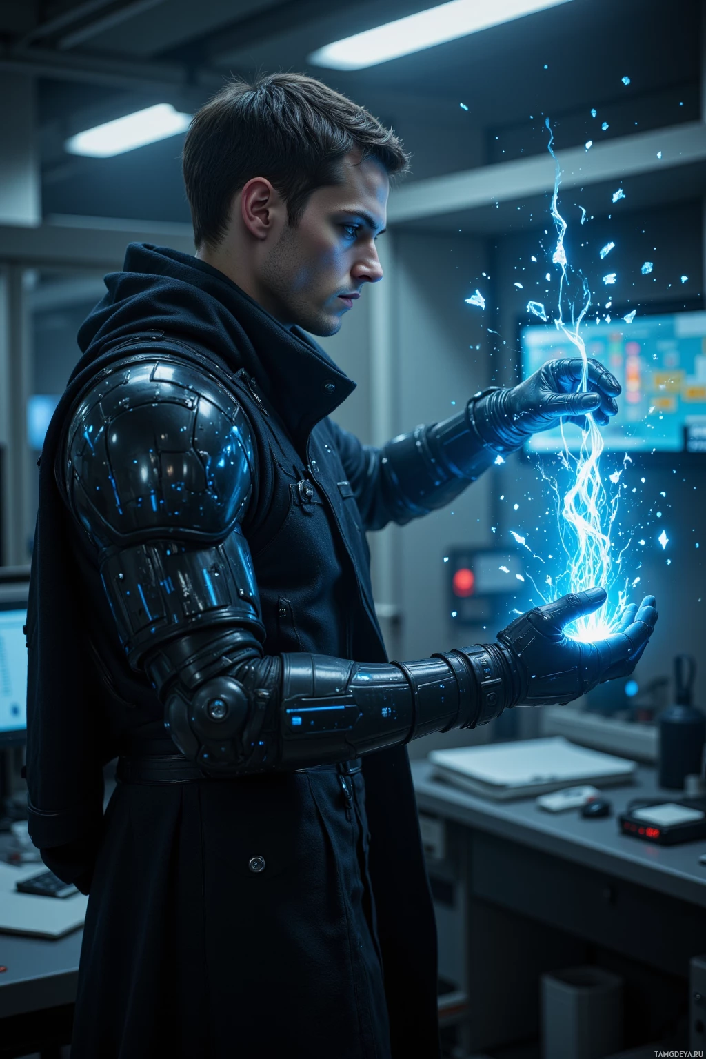 A person in a futuristic outfit holds out a glowing, electric hand in a dimly lit room.