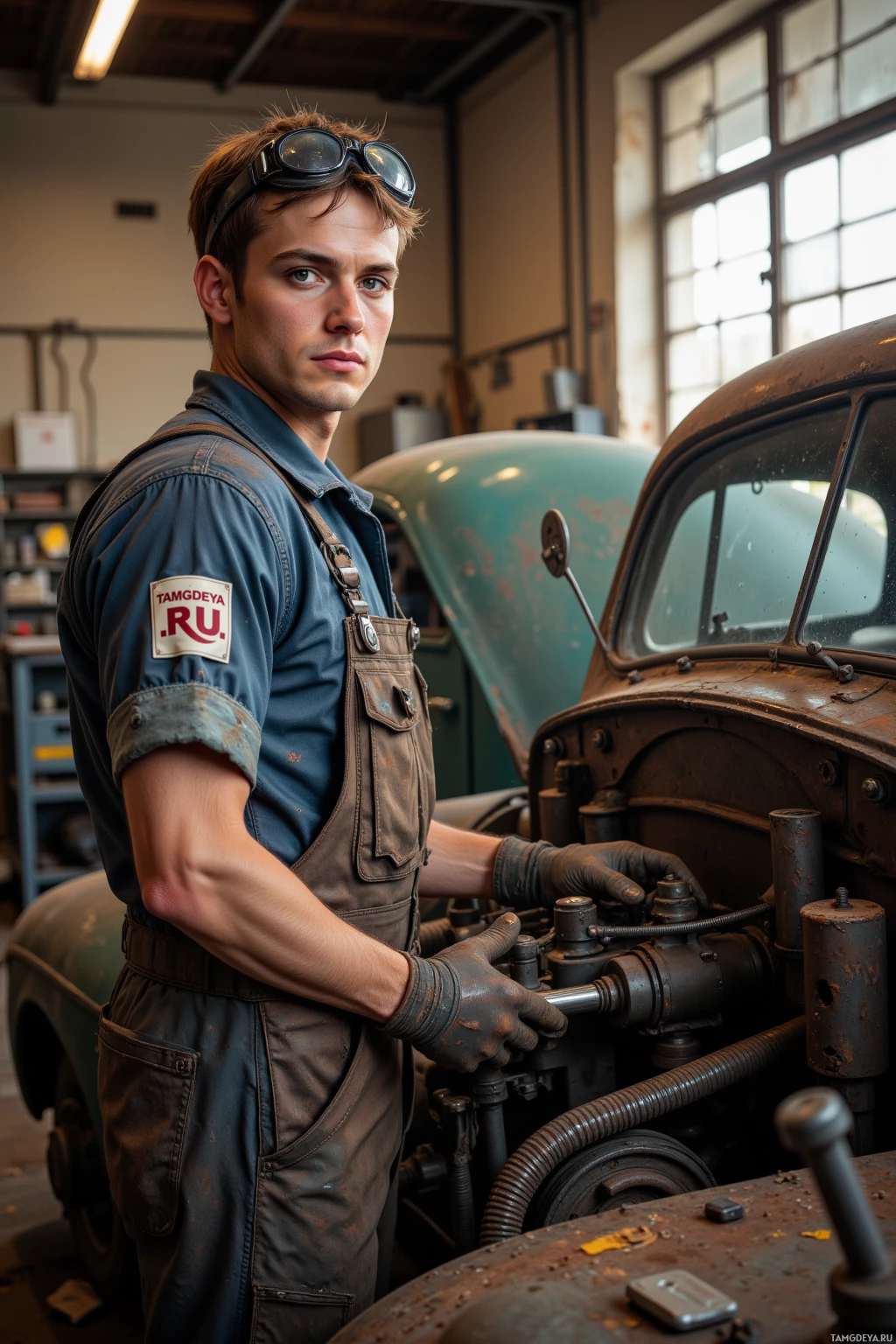 A man in a mechanic's uniform works on a vintage car in a workshop.