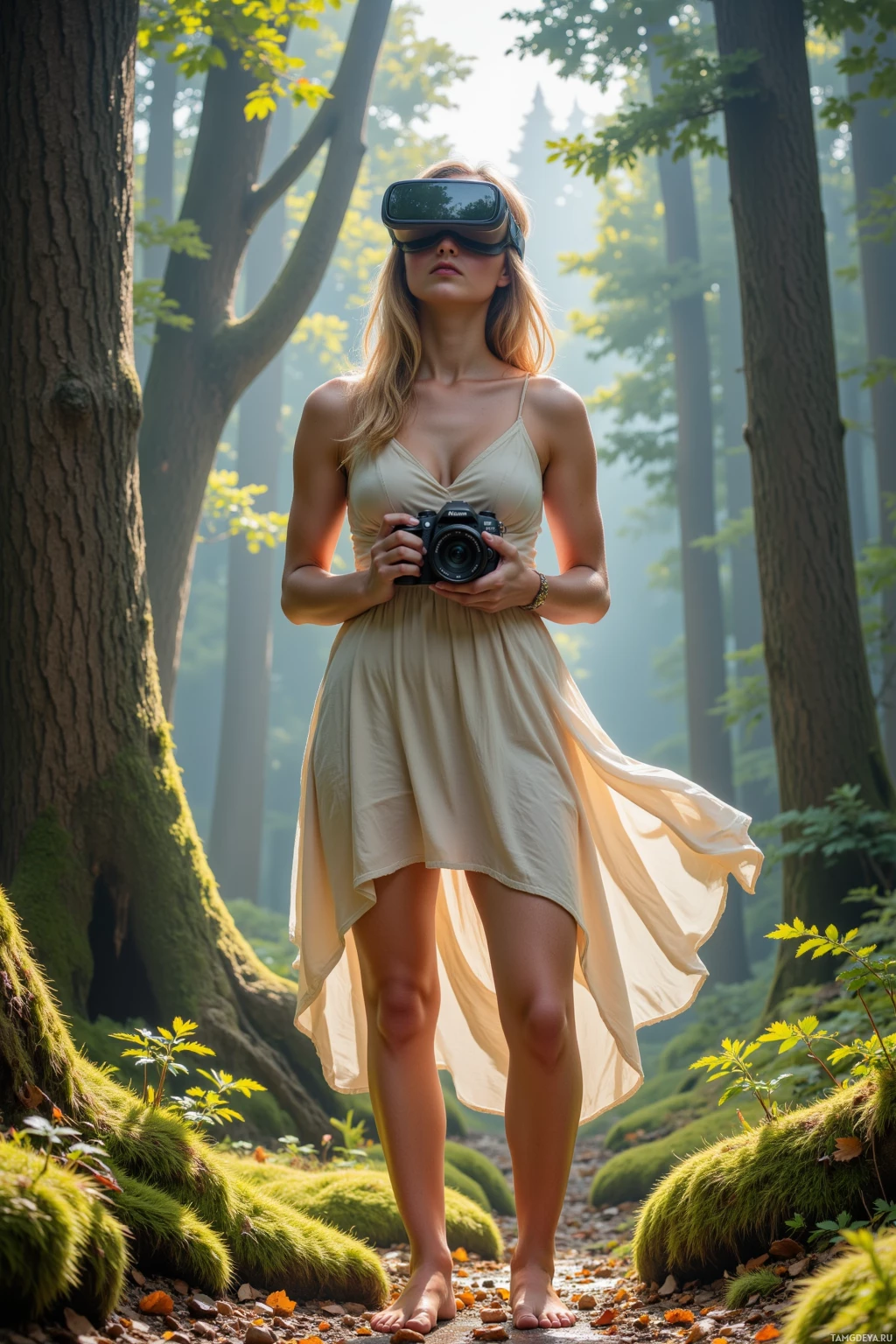 A woman in a flowing dress stands in a forest, holding a camera and wearing VR goggles.