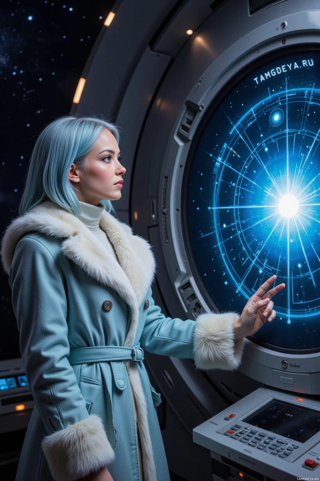 A person in a fur-trimmed coat stands in front of a futuristic display, pointing at it.