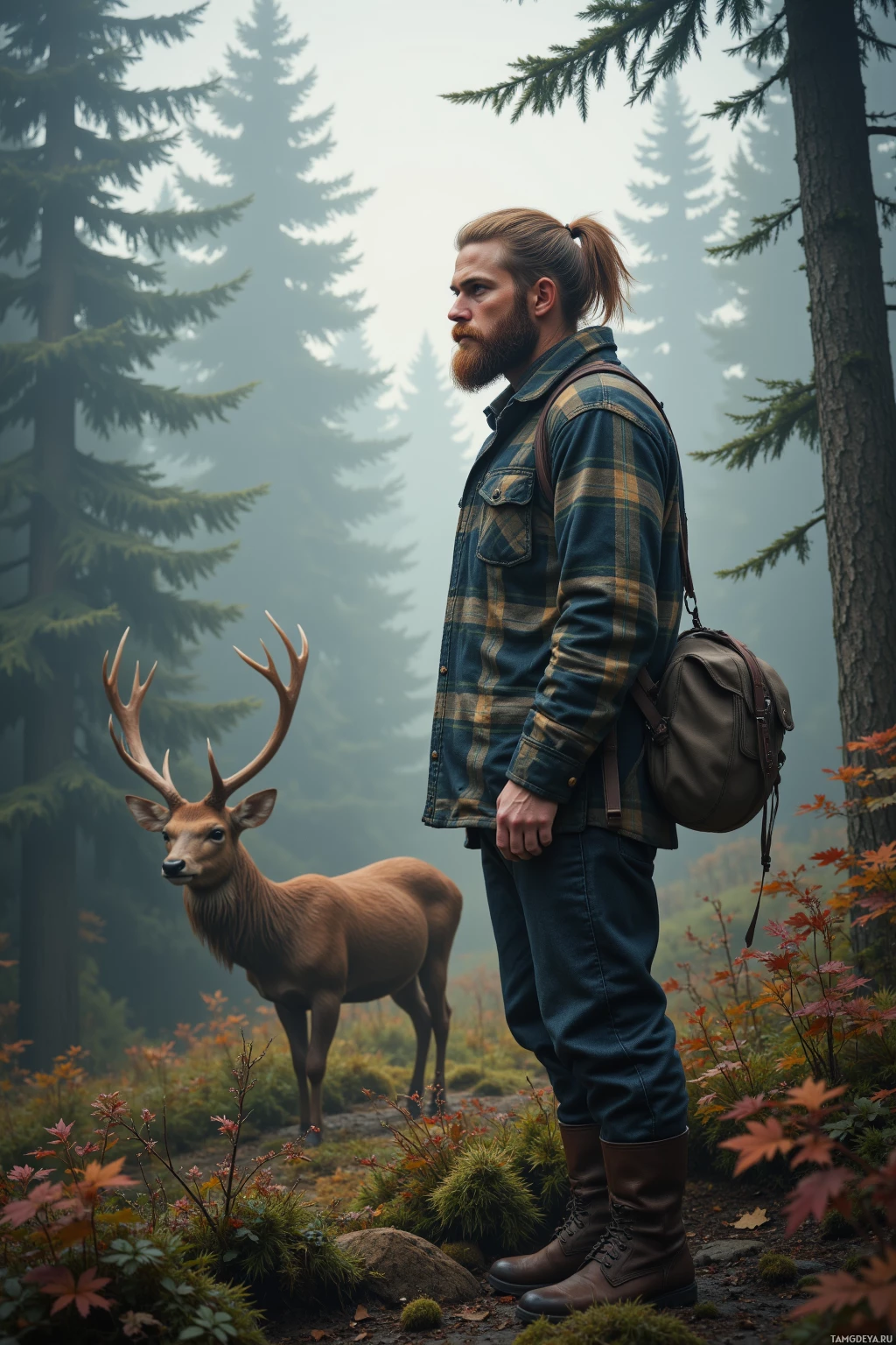 A man in a plaid shirt and boots stands in a forest with a deer nearby.